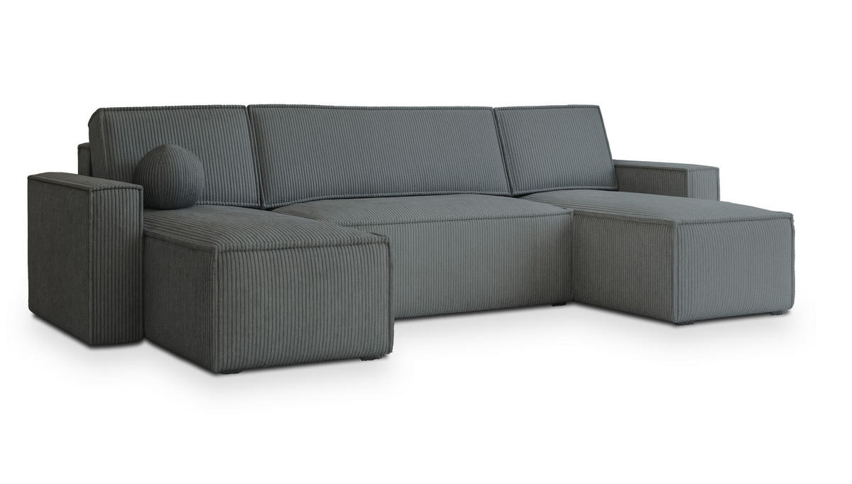 WOHNLANDSCHAFT PESANO P Grau Kordstoff mit Schlaffunktion - Grau, Holz (306/85/140cm) - MASSENO