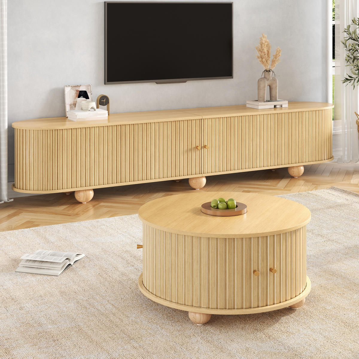 COUCHTISCHSET TV-Schrank MDF Schiebetüren Relief Schwarz - Naturfarben, Holzwerkstoff (180/45/35cm) - FLIEKS