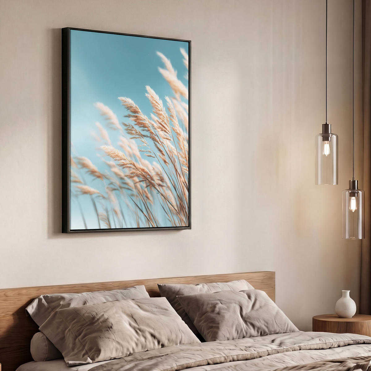 LEINWAND Bilder mit Rahmen - Ziergras - Wind - Hellbraun - 70x100 - Hellblau, Textil (70/100cm) - MuchoWow