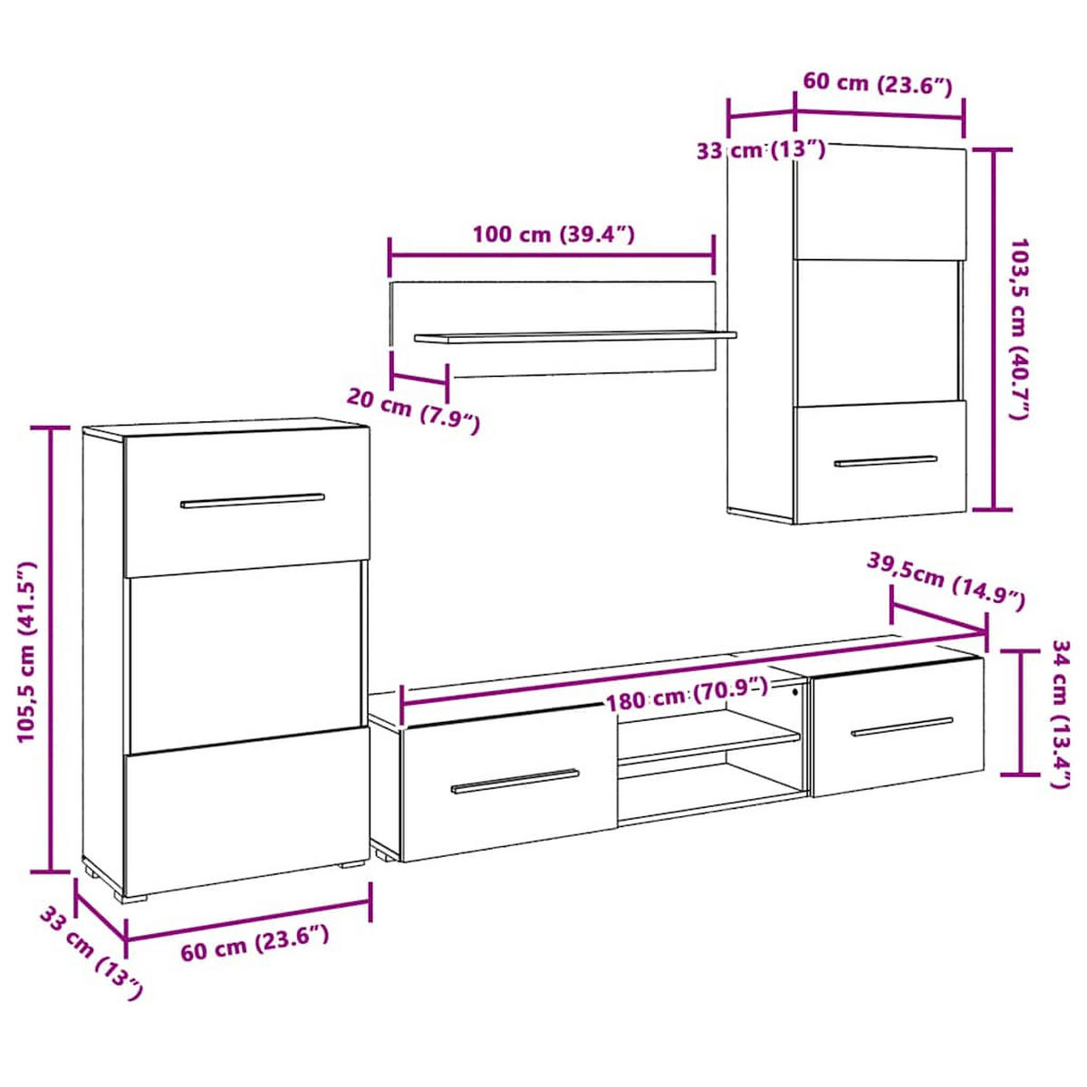 FÜNFTEILIGE WOHNWAND TV-SCHRANK MIT LED-BELEUCHTUNG WEISS - Schwarz/Weiß, Holz (30/35/140cm) - vidaXL