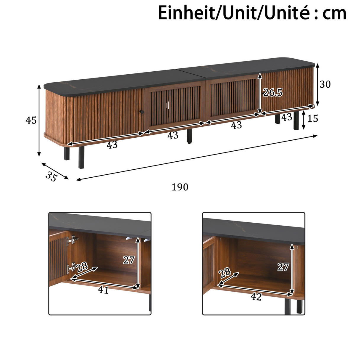 TV skrinka 190/35/45 cm orechová z MDF a drevotriesky s posuvnými dvierkami a mriežkou - hnedá, kompozitné drevo (190/45/35cm) - OKWISH
