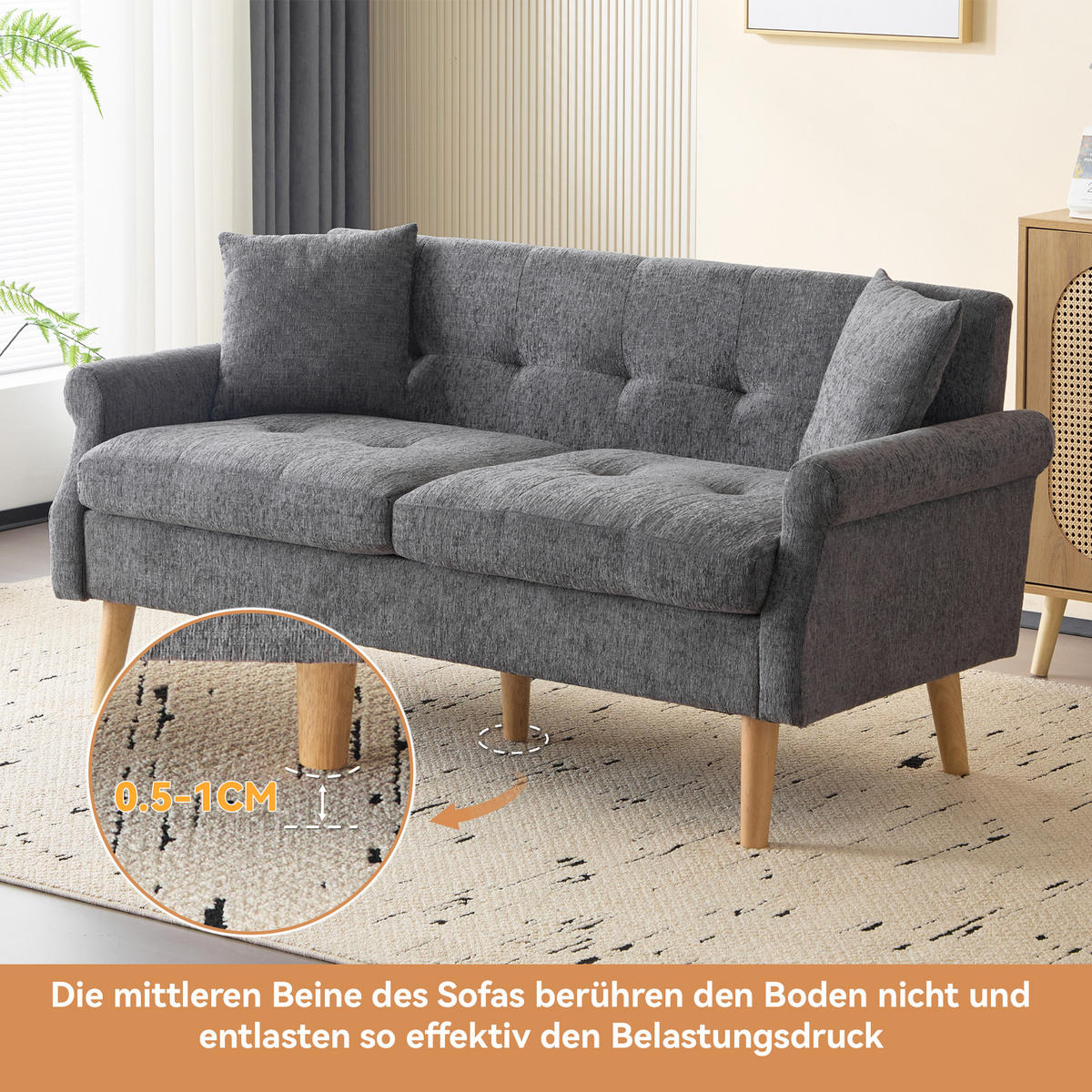 DOPPELSOFA Chenille-Stoff Modern mit dicken Kissen Polster Grau - Grau, Holz (74/77/162cm) - FLIEKS