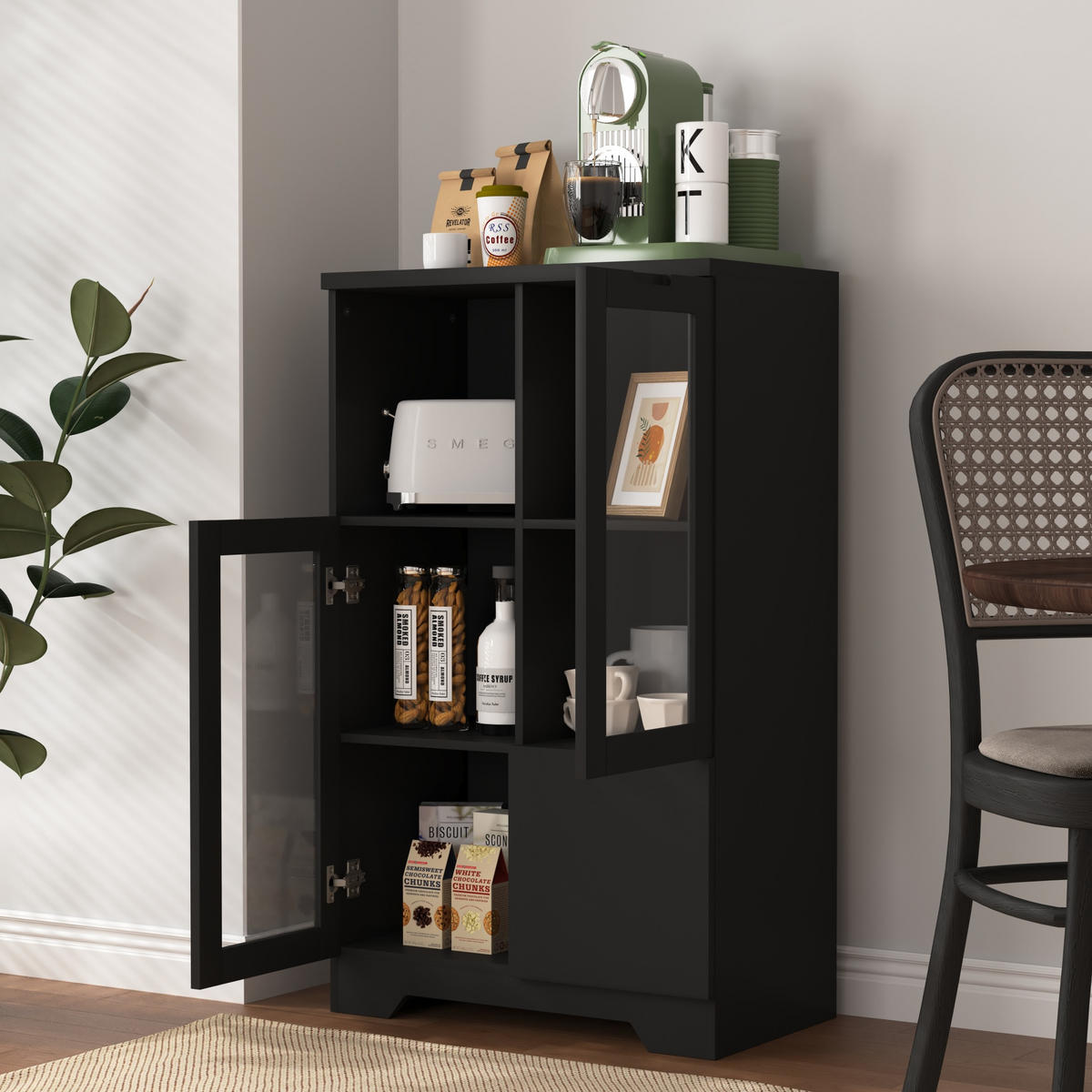 KOMMODE mit 2 Glastüren und verstellbaren Einlegeböden, MDF, grifflose Optik, 65/30/100 cm, Schwarz - Schwarz, Holzwerkstoff (65/100/30cm) - Redom
