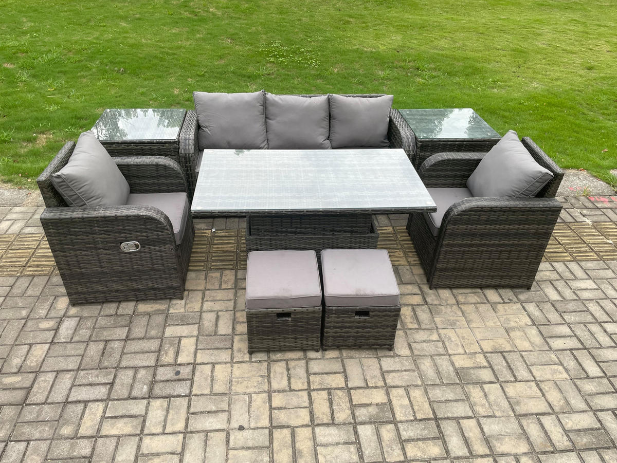 SITZGRUPPE GARTENSET Polyrattan Outdoor 7-Sitzer - Dunkelgrau/Grau, Glas/Kunststoff - Fimous