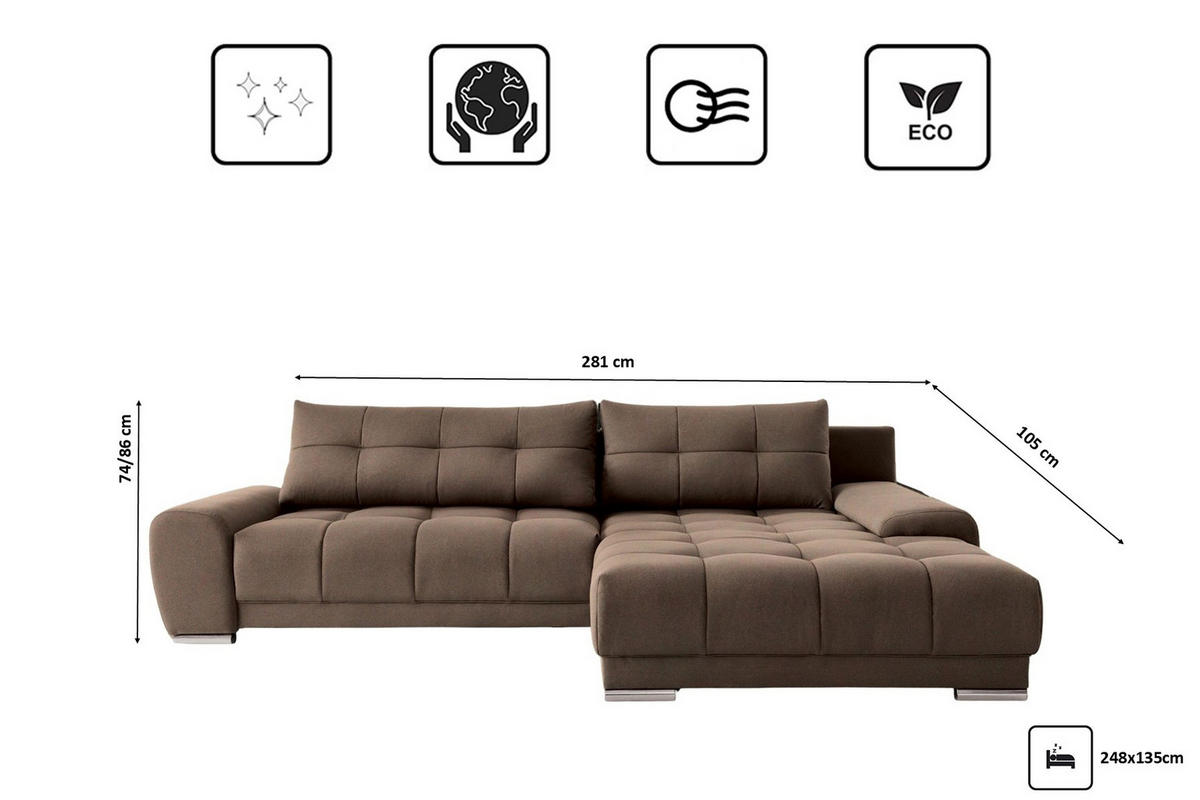 ECKSOFA WAVE Mit Schlaffunktion, Stoff SORO, Braun Rechts - Braun, Holz (281/105cm) - Kaiser Möbel