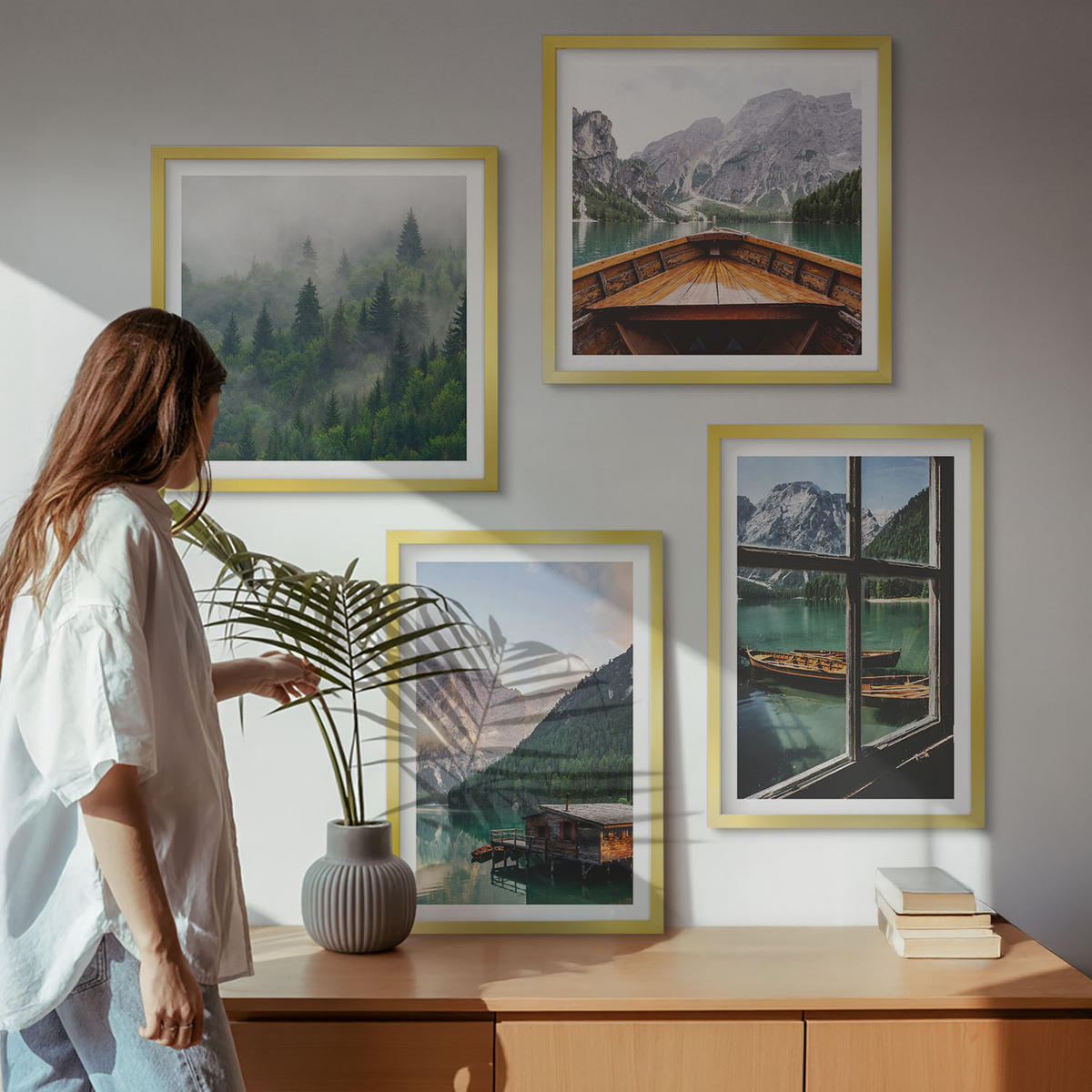 BILDER SET 4er Set - 50x50 cm & 40x60 cm Goldrahmen - Hütten am Bergsee Łódź - Goldfarben, Kunststoff (50/50cm) - TULUP