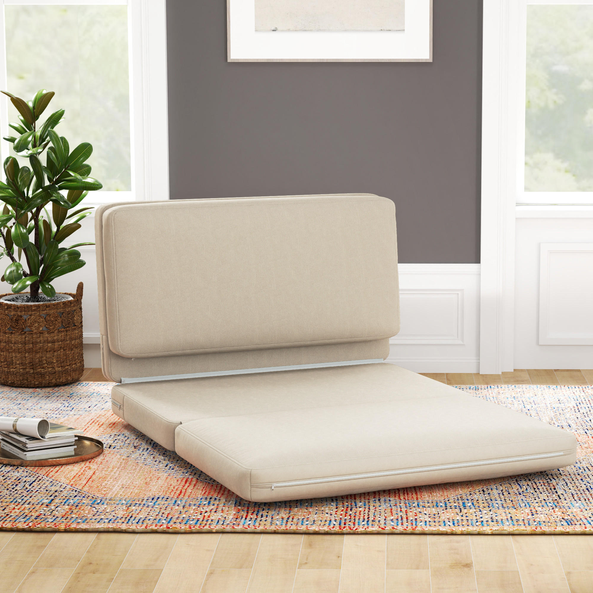 BODENSOFA 3-in-1 Klappbar Schlafsofa mit Samtoptik für Schlafzimmer, Wohnzimmer - Beige, Textil (120/10/275cm) - HOMCOM