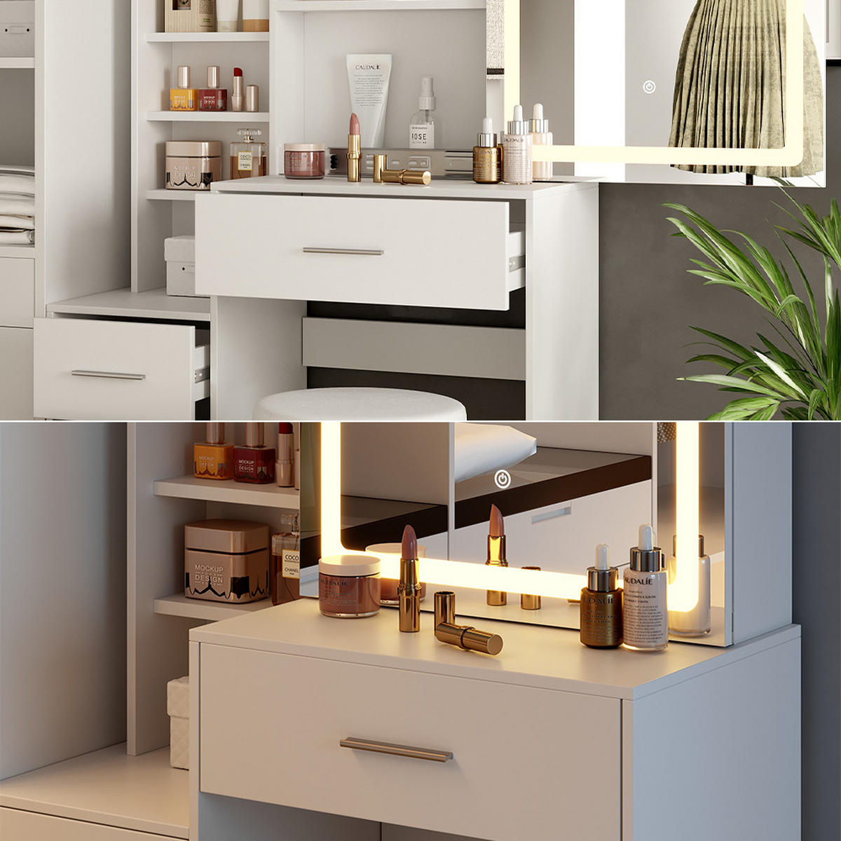 SCHMINKTISCH Lisca Weiß 80 cm mit LED-Spiegel und Hocker - Weiß, Holzwerkstoff (80/131.6/36cm) - Vicco