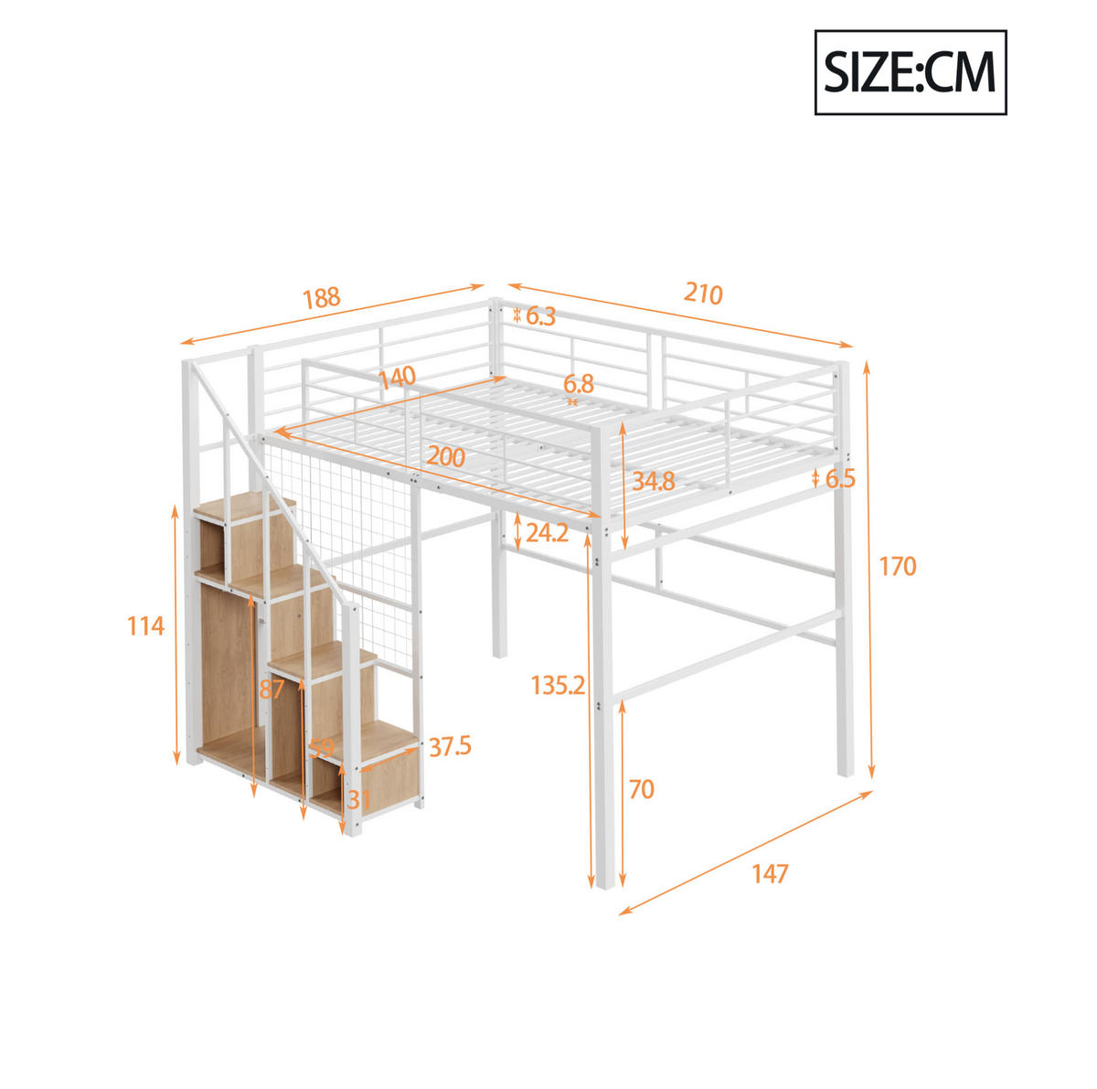 HOCHBETT 140/200 cm in Weiß mit Stauraum und Treppe aus Metall - Weiß, Metall (140/200cm) - Flora Grace