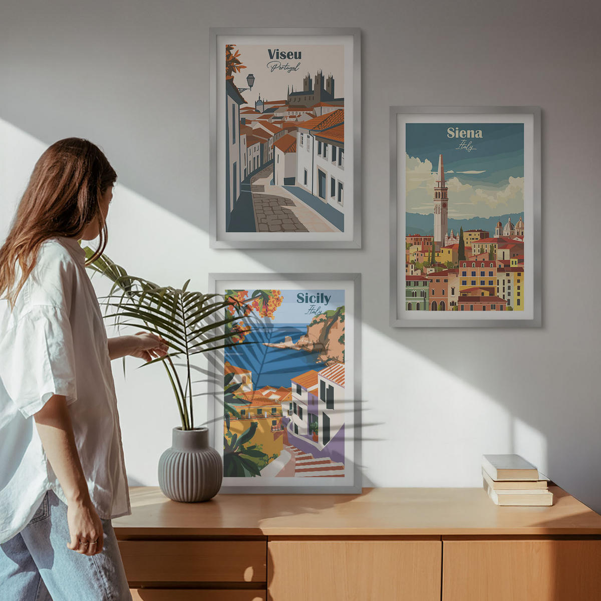 BILDER SET 3er Set - 40x60 cm Silberner Rahmen - Retro-Illustrationen von Weltstädten - Silberfarben, Kunststoff (40/60cm) - TULUP