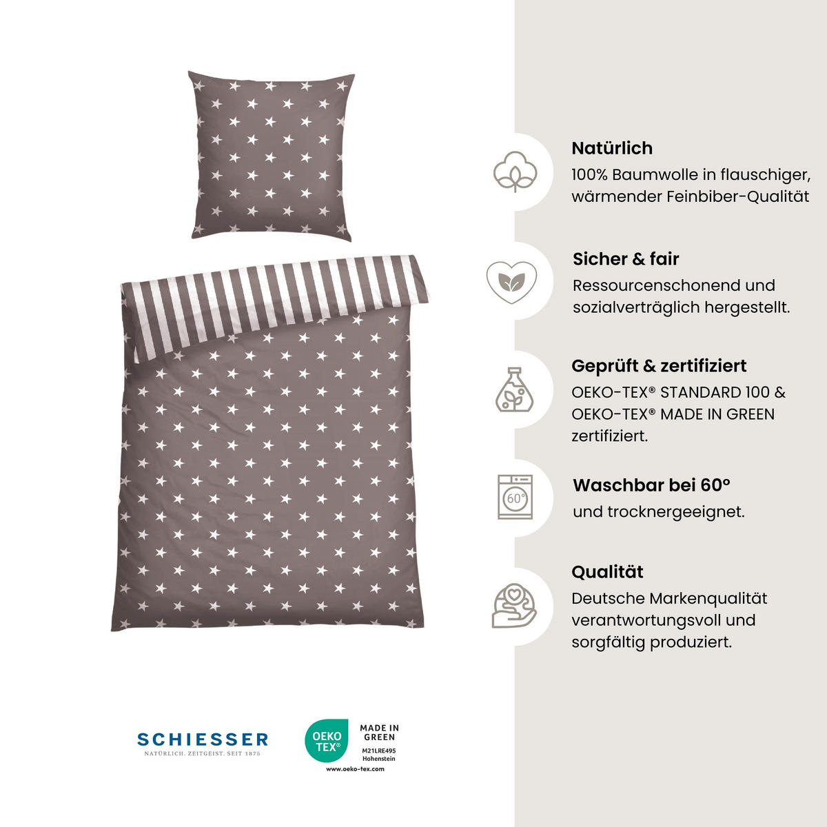 BETTWÄSCHESET Sterne - Feinbiber - 2-teilig - 155 x 220 cm - Taupe - Taupe, Textil (155/220cm) - SCHIESSER