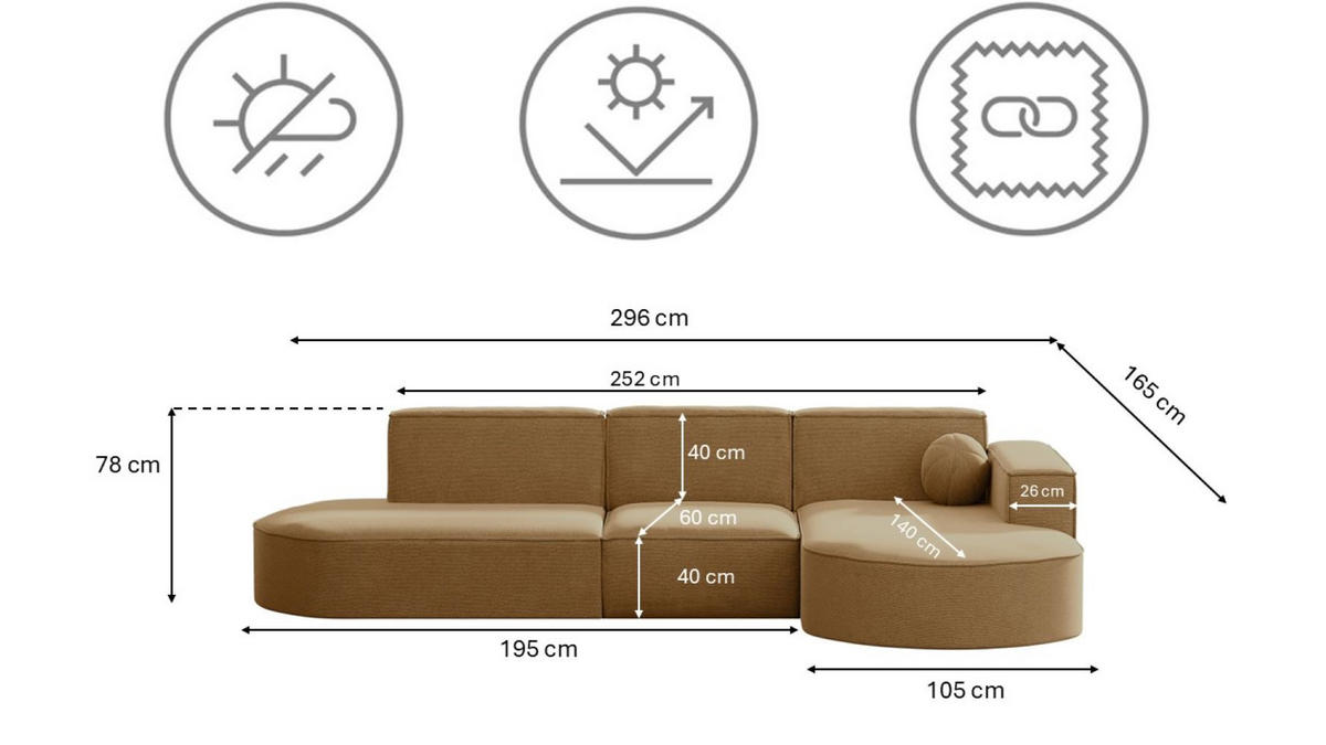 GARTENECKSOFA L-Form Garten Modena L Patio Capucino Rechts - Cappuccino, Holz/Textil (296/78/165cm) - Kaiser Möbel