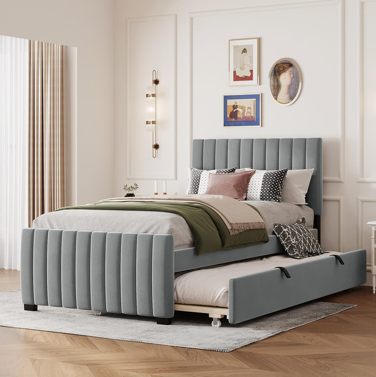 POLNJENA postelja iz MDF, kovine in žameta 90x190 cm siva z izvlečnim ležiščem in stabilno konstrukcijo - siva, tekstil (90/190cm) - Modfu