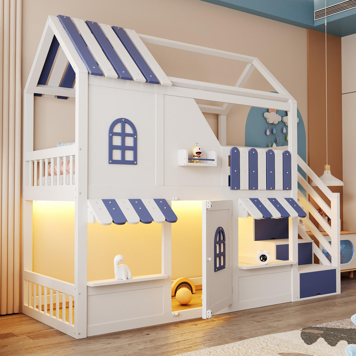 ETAGENBETT Hausdesign Weiß Blau - Blau, Holz (90/200cm) - ComfortXL