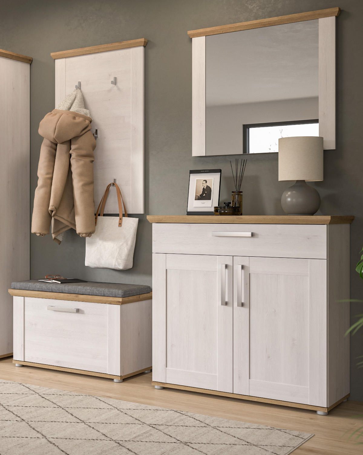 GARDEROBE Set 4-teilig weiß Lärche 190 cm, Komplettset im Landhaus-Stil - Silberfarben/Weiß, Glas/Holzwerkstoff (190/196/39cm) - Inn.Furn