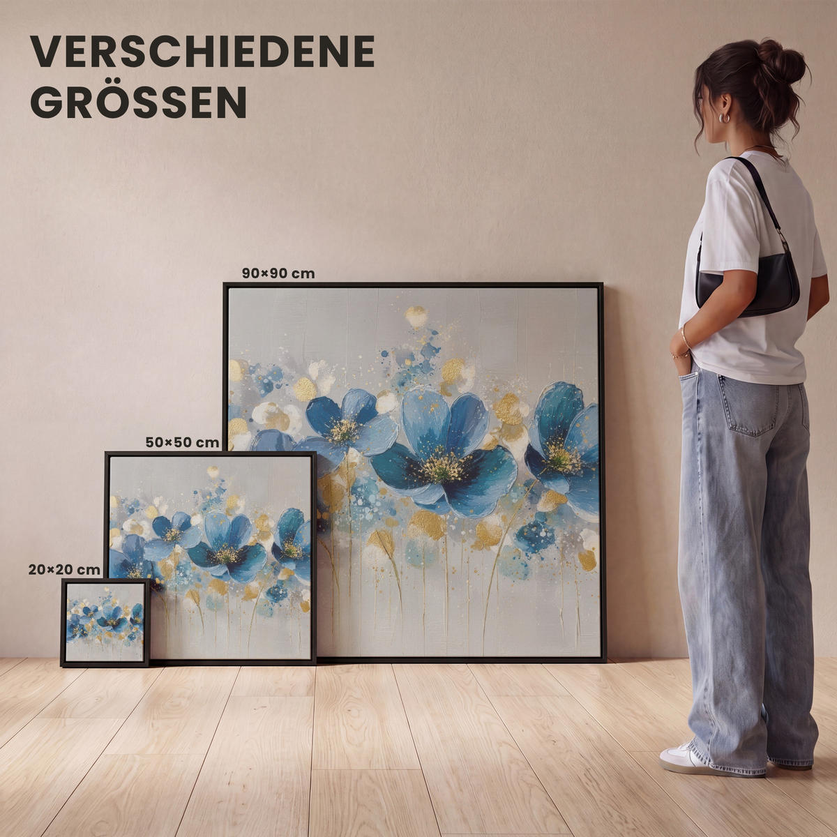 LEINWAND Bilder mit Rahmen - Blumen - Blau - Abstrakt - 90x90 - Hellgrau, Textil (90/90cm) - MuchoWow