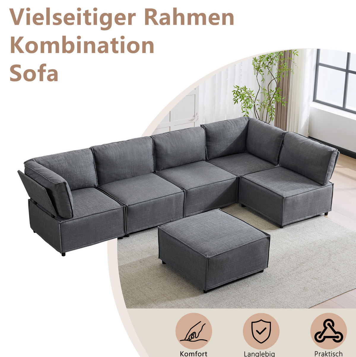 ECKSOFA 308/152/77 cm dunkelgrau aus Stoff und Sperrholz, zum Gästebett umbaubar - Dunkelgrau, Textil (152/308cm) - OKWISH