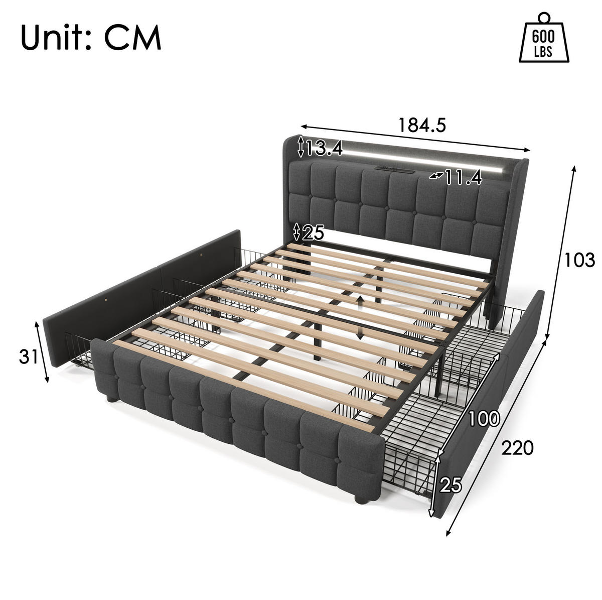 ČALOUNĚNÁ postel 180x200 cm s USB nabíjením, LED osvětlením a 4 zásuvkami, Šedá - šedá, dřevo (180/180cm) - Redom