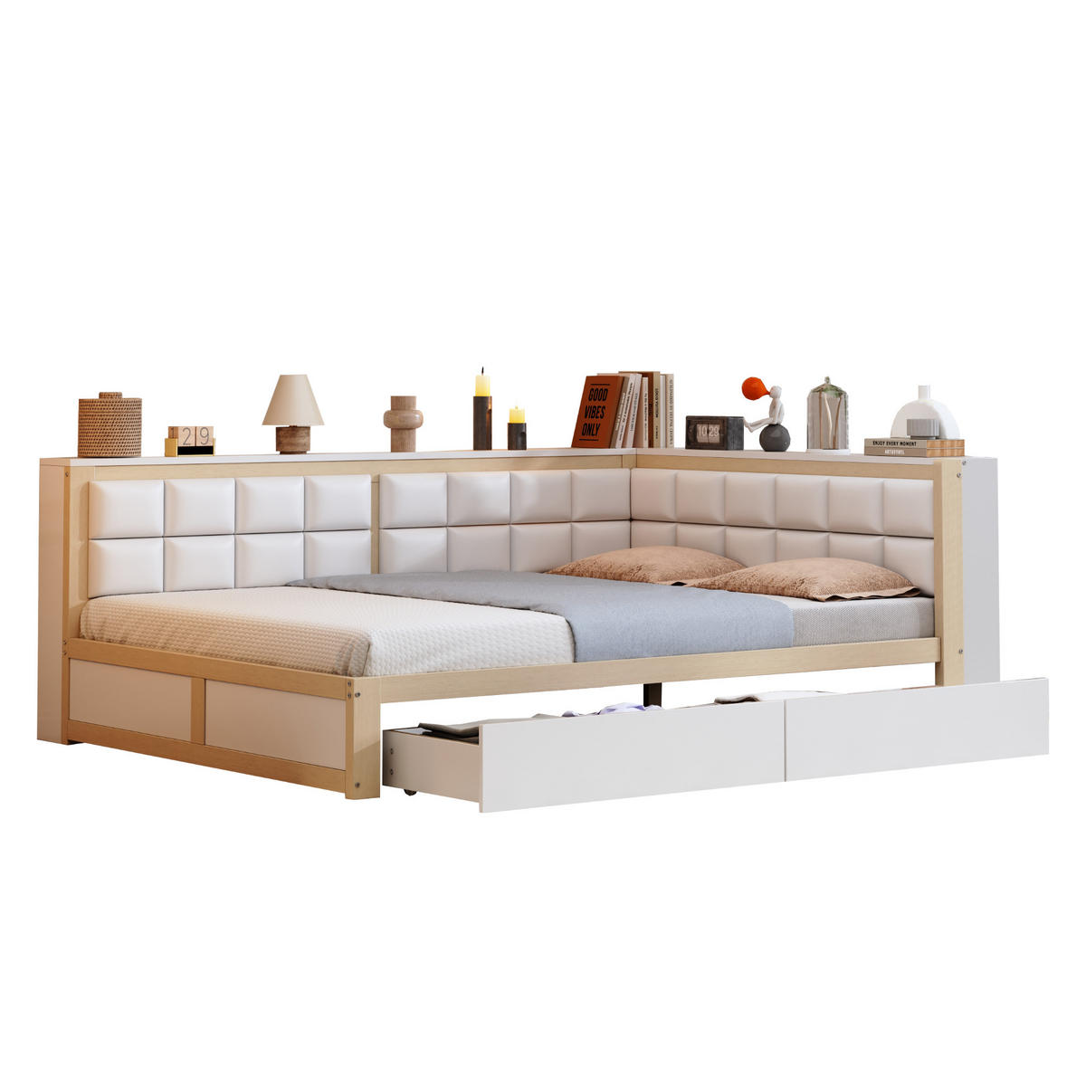BETT mit weicher Rückenlehne Kiefernholz 140/200 cm mit Stauraum - Weiß, Holz (140/200cm) - OKWISH