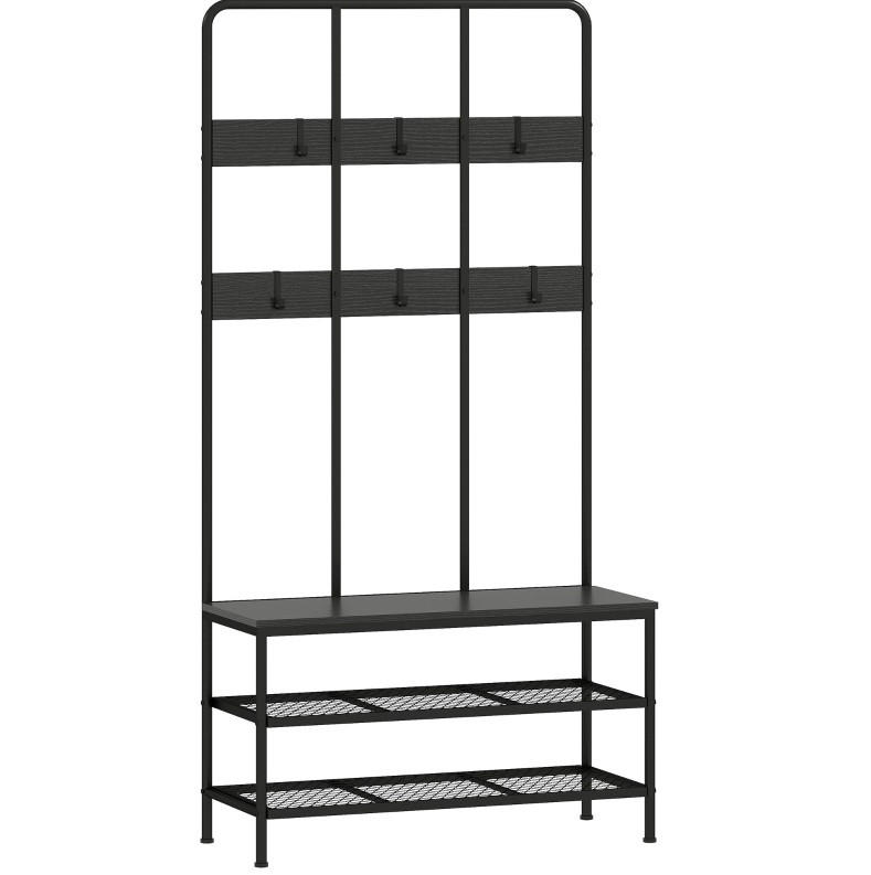 STANDGARDEROBE 91/36/180 cm mit 6 Haken, Sitzbank und Schuhablage in Schwarz - Schwarz, Metall (91/180/36cm) - BEAOK