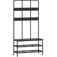 STANDGARDEROBE 91/36/180 cm mit 6 Haken, Sitzbank und Schuhablage in Schwarz - Schwarz, Metall (91/180/36cm) - BEAOK