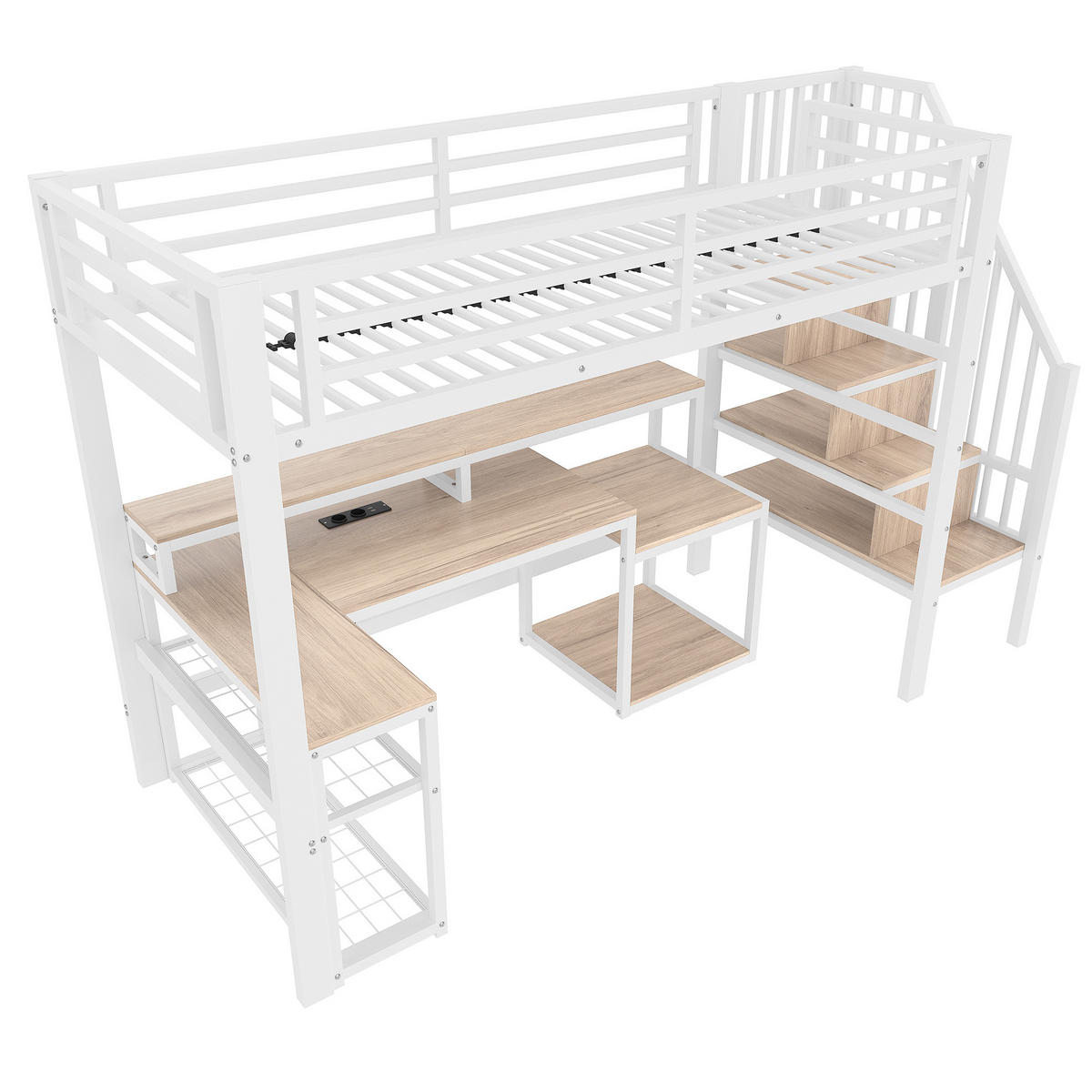 HOCHBETT 90/200 cm in Weiß – mit Schreibtisch, Stauraumtreppe und Rausfallschutz - Weiß, Metall (90/200cm) - BEAOK