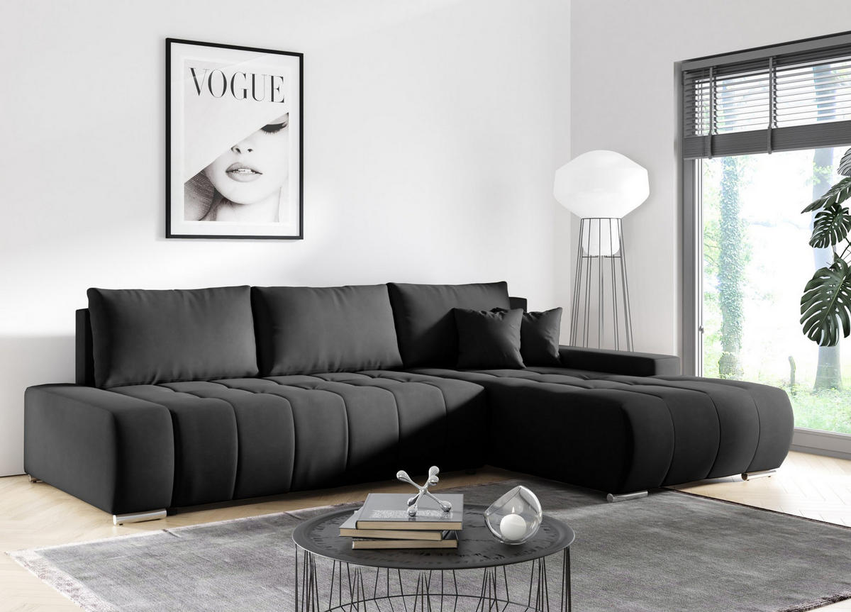 ECKSOFA mit Schlaffunktion Dhaka L, Schwarz - Schwarz, Textil (185/265cm) - Fedve