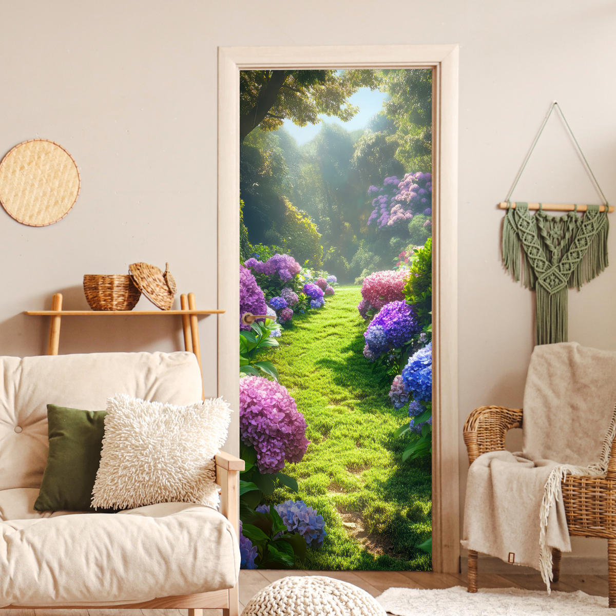 TÜRAUFKLEBER Natur - Hortensie - Blumen - Grün 85x215 cm - Türtapete - Hellgrün, Kunststoff (85/0.1cm) - MuchoWow