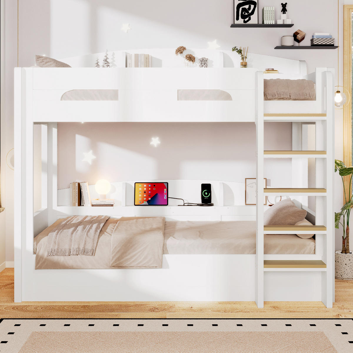 HOCHBETT 90/200 cm in Weiß mit Unterbett, USB-Steckdose und Ablagefächern aus Massivholz und MDF - Weiß, Holzwerkstoff (90/200cm) - STILVORA