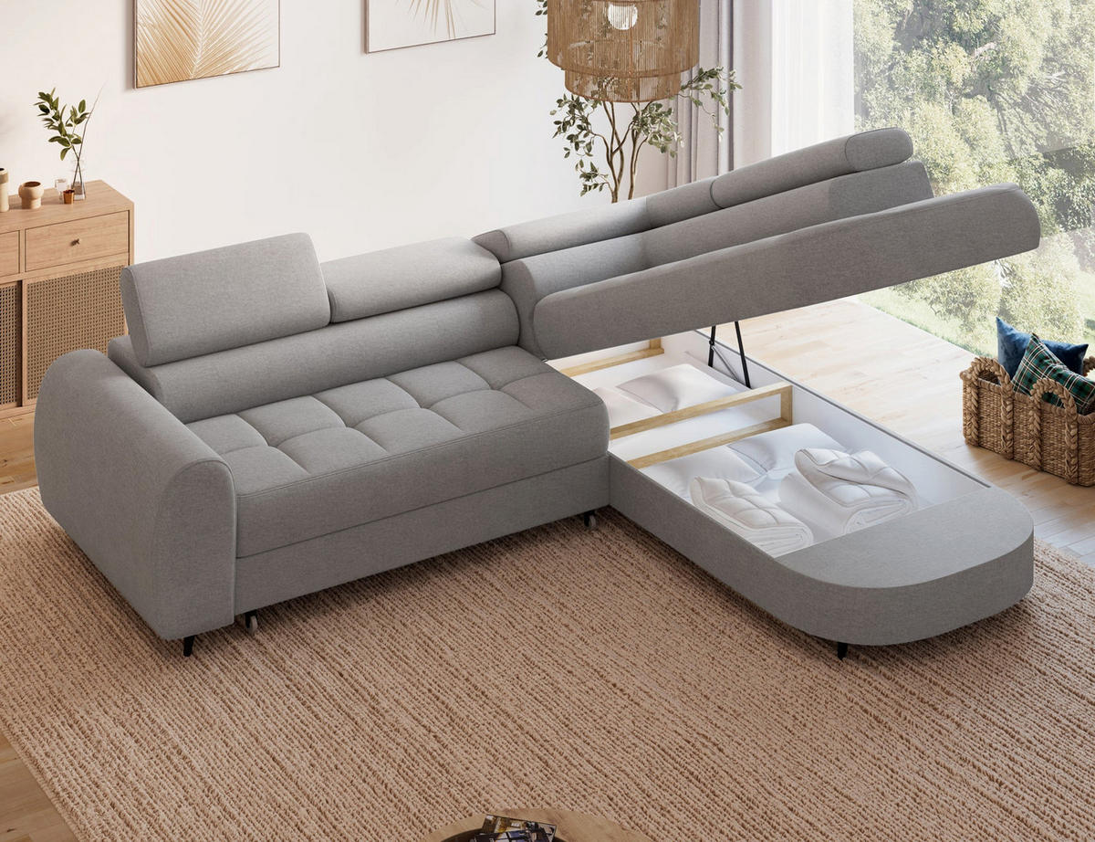 ECKSOFA Vesteria mit Schlaffunktion und Bettkasten – Modernes Design, verstellbare Kopfstützen und hoher Sitzkomfort - Grau, Kunststoff (279/72cm) - Wohnideebilder