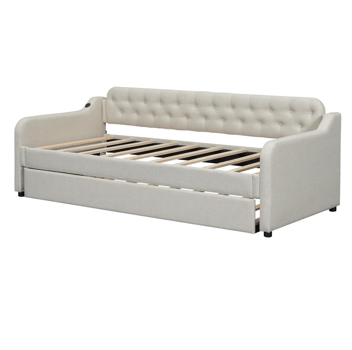 POLSTERBETT 90/200cm mit ausziehbarem Rollbett und USB-Anschluss Beige - Beige, Textil (90/200cm) - OKWISH