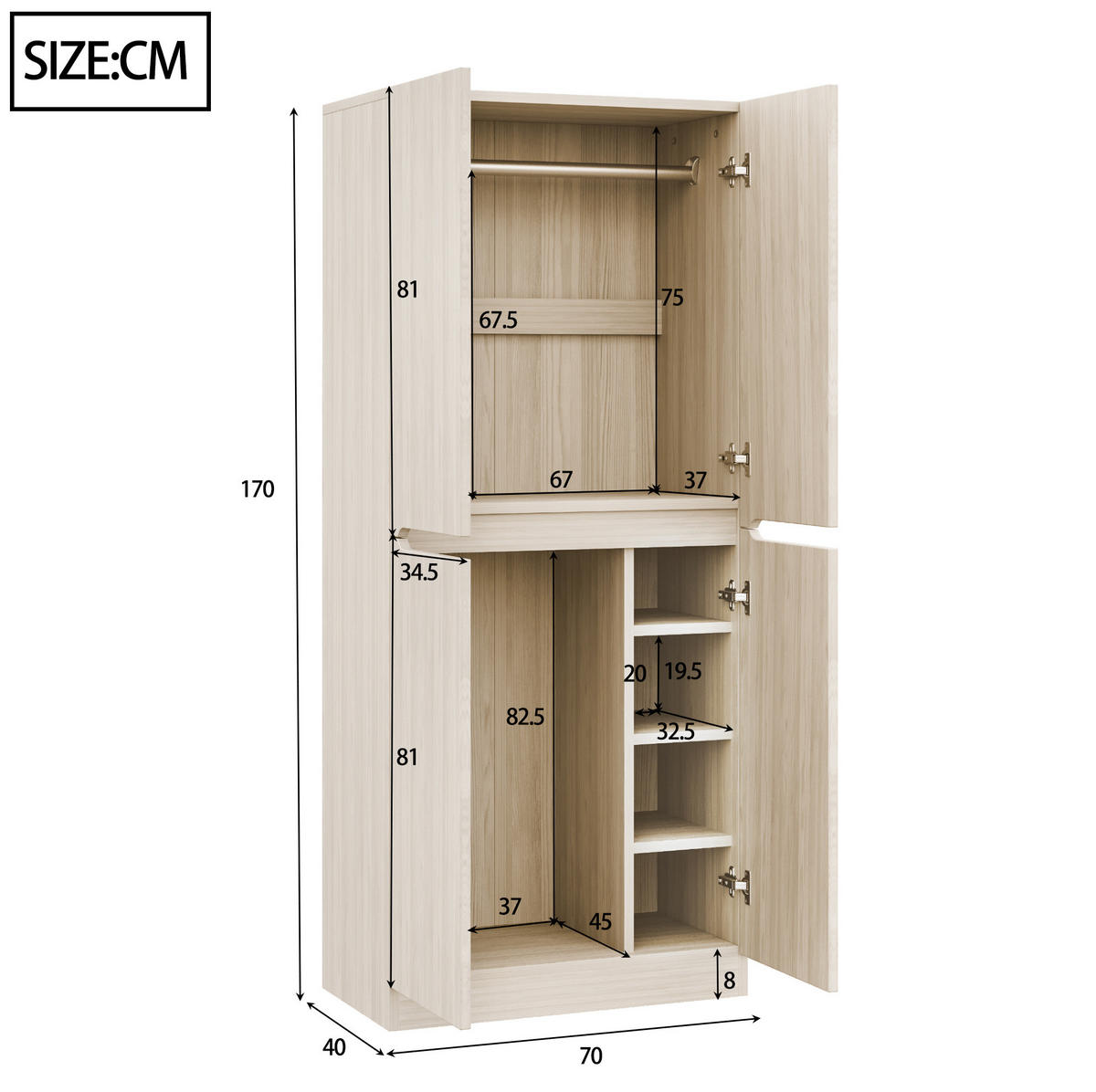 KLEIDERSCHRANK 70/40/170 cm holzfarben aus Holz mit 2 Türen und Fächern - Naturfarben, Holz (70/170/40cm) - OKWISH