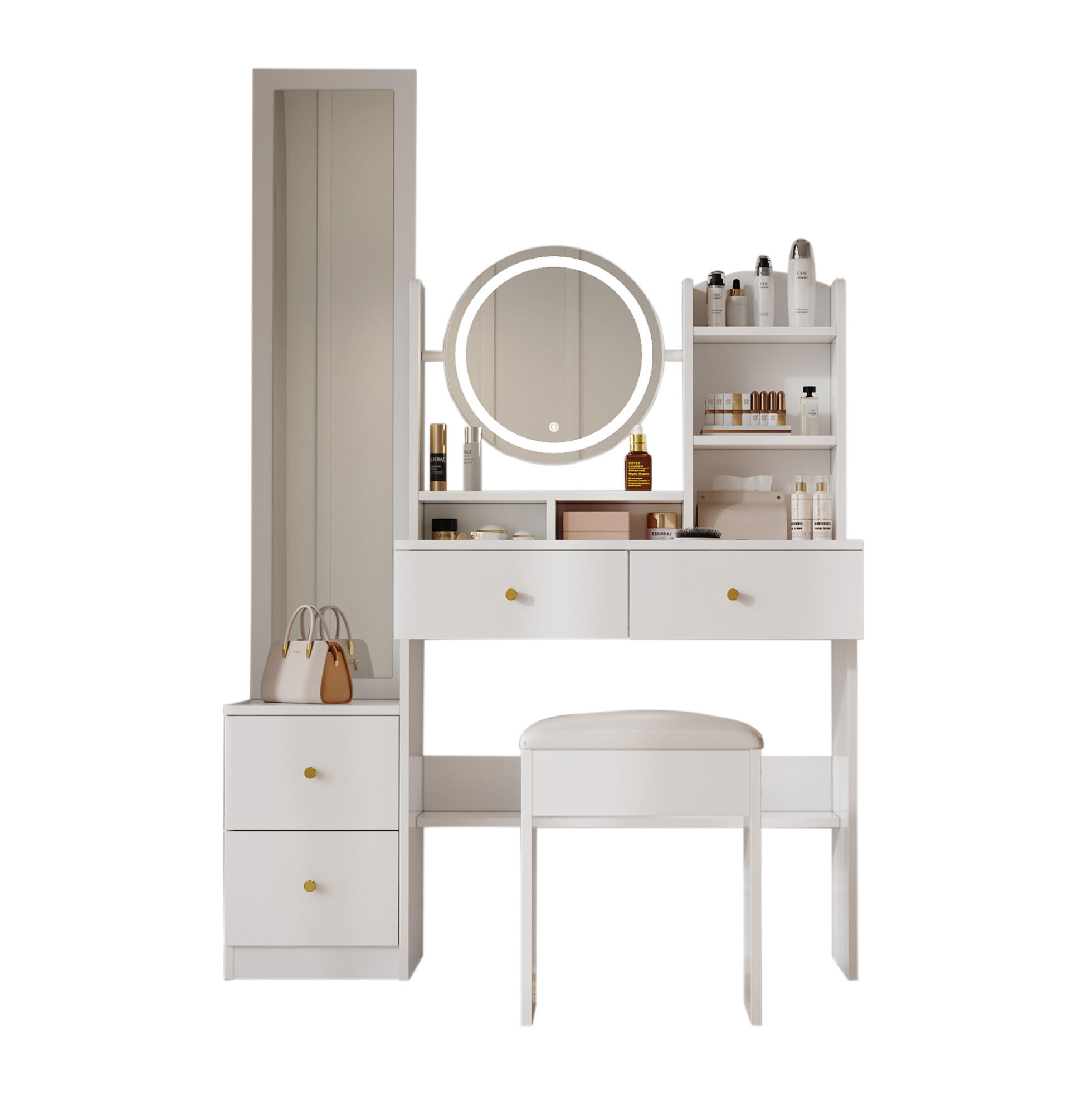 SCHMINKTISCH 109/36/164 cm Weiß mit LED-Beleuchtung und Hocker Ganzkörperspiegel - Weiß, Holzwerkstoff (36/164/109cm) - OKWISH