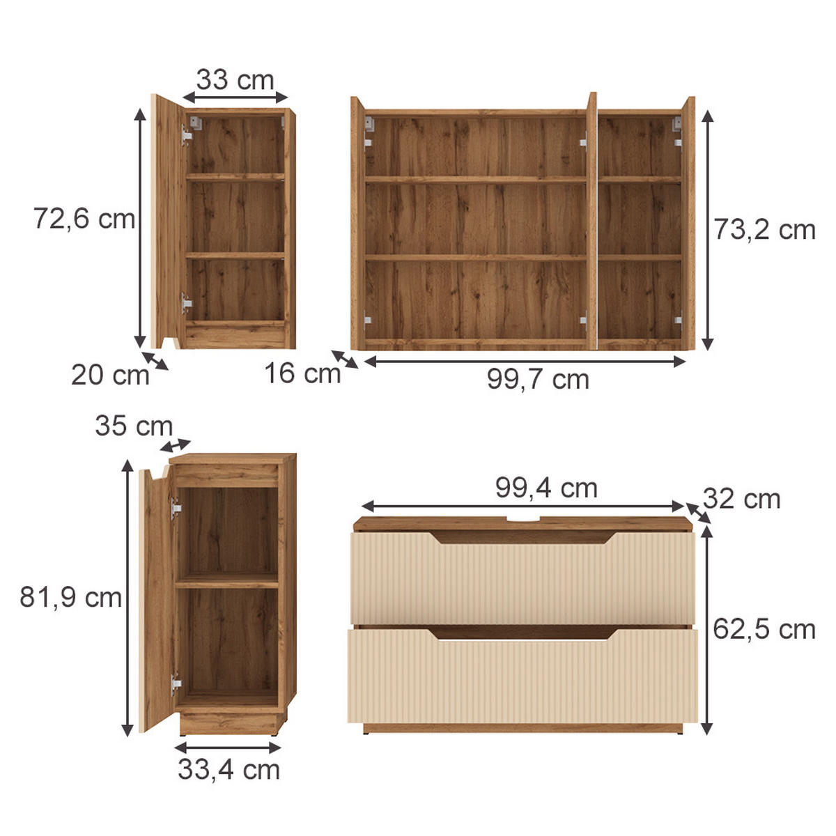 BADMÖBEL-SET Lotta Eiche/Kaschmir gestreift 4 Teile - Kaschmir/Eichefarben, Holzwerkstoff (99.4/62.5/32cm) - Vicco