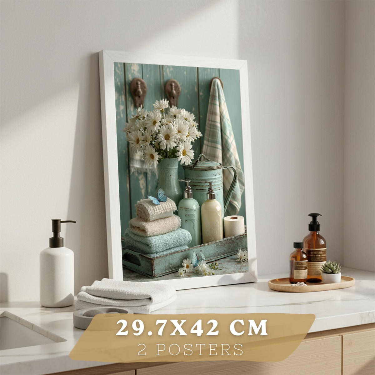 PLAKÁT Sada 2 dekorativních koupelnových tisků, květinové v shabby chic Bílý rám A3 - bílá, papír (42/29.7/3cm) - Nacnic