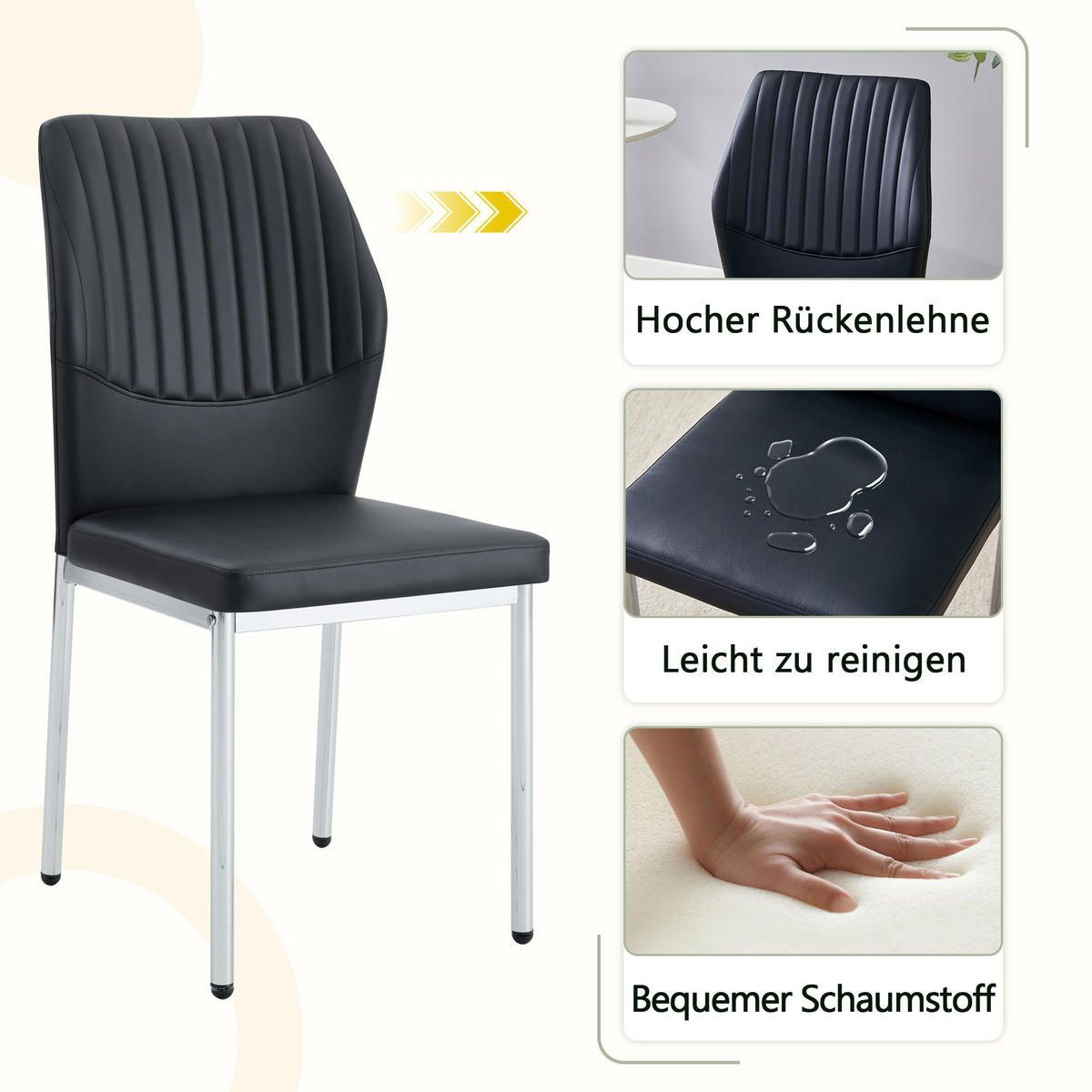 STUHL-SET DE-36577 4 Stück mit PU-Bezug und Metallbeinen Schwarz - Schwarz, Metall (42.6/93/43cm) - ComfortXL