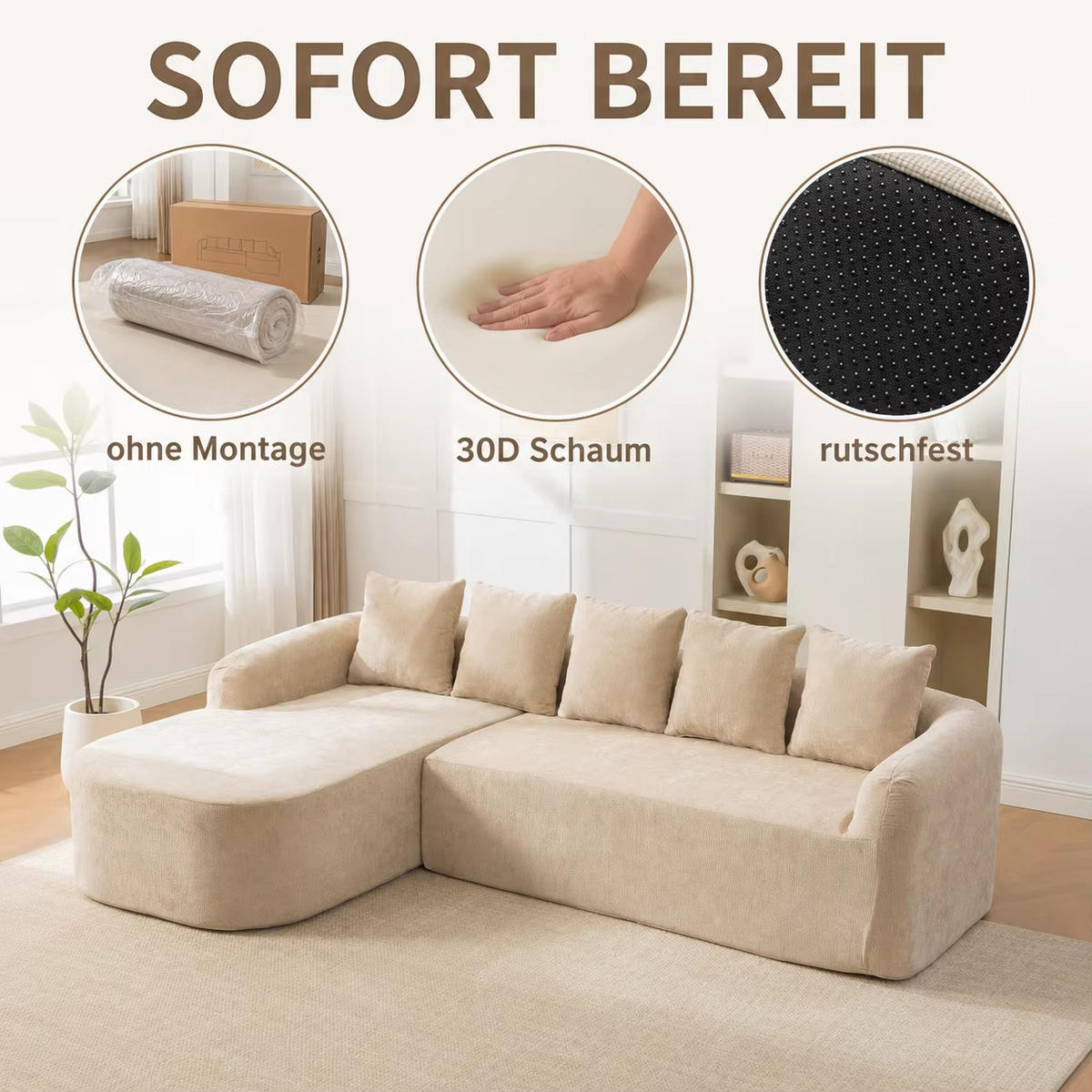 ECKSOFA Chenille, Modulares Kompressionssofa mit Komfortpolsterung, Hellkhaki - Beige, Textil (270/172cm) - Kaket
