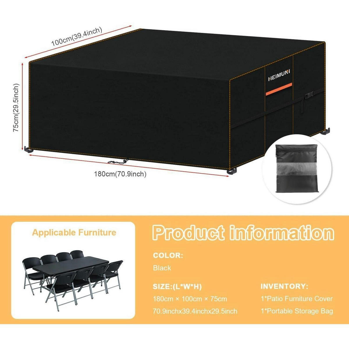 SCHUTZHÜLLE für Gartenmöbel 180 x 100 x 75 cm Wasserdicht 420D Oxford Gewebe - Schwarz, Kunststoff (1/1/1cm)