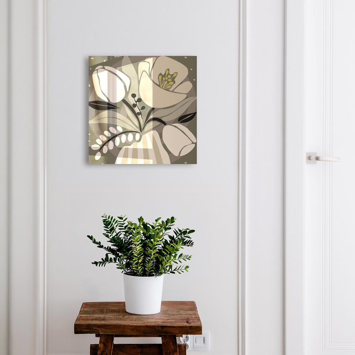 SCHLÜSSELBOX Weiß 30x30 cm – Türöffnung nach rechts - Beige Blüten - Beige, Metall (30/30/5cm) - TULUP