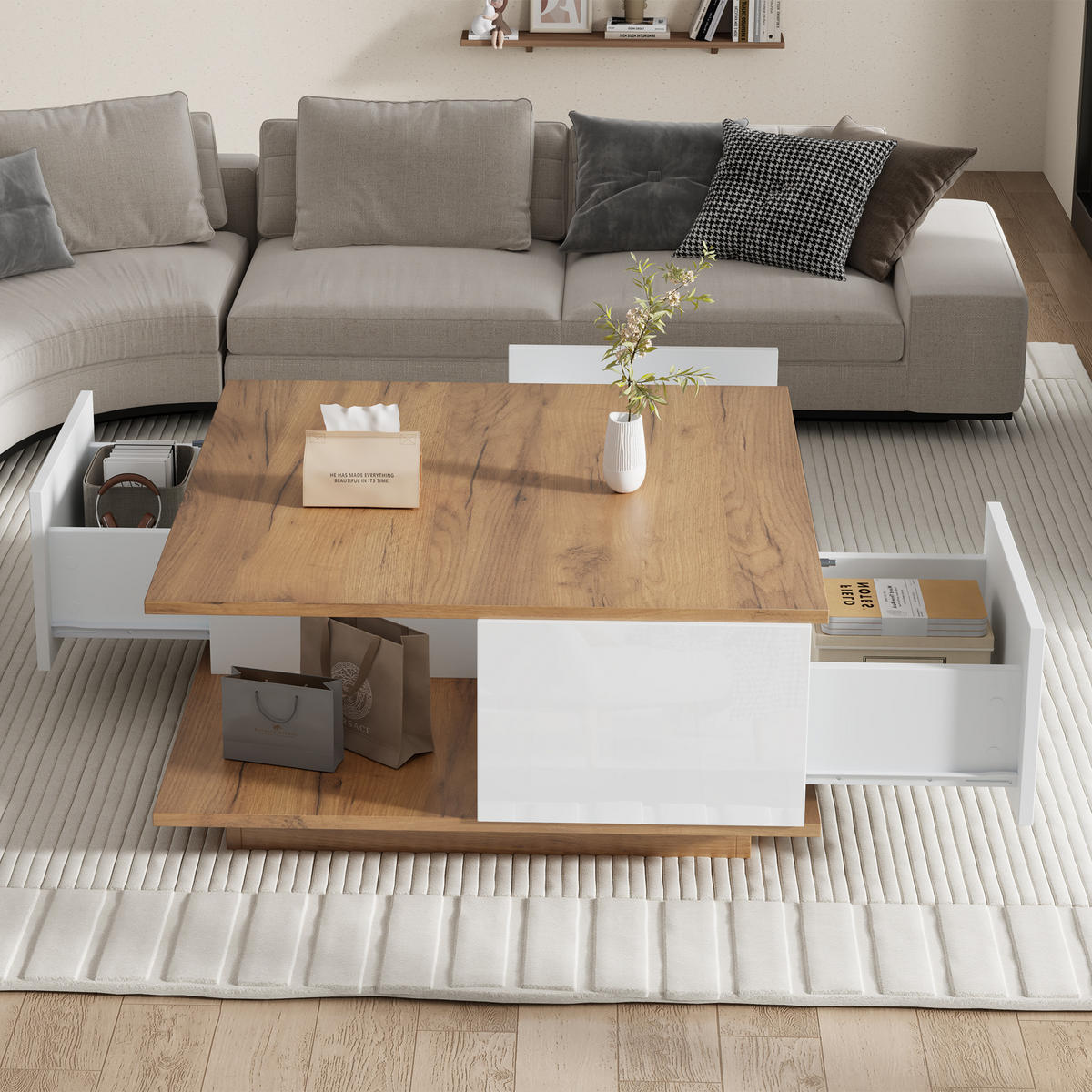 COUCHTISCH mit drei Schubladen geometrischem Design Hochglanzoberfläche 70/70/31,5 cm - Weiß, Holzwerkstoff (70/70/35.5cm) - EVRYAE