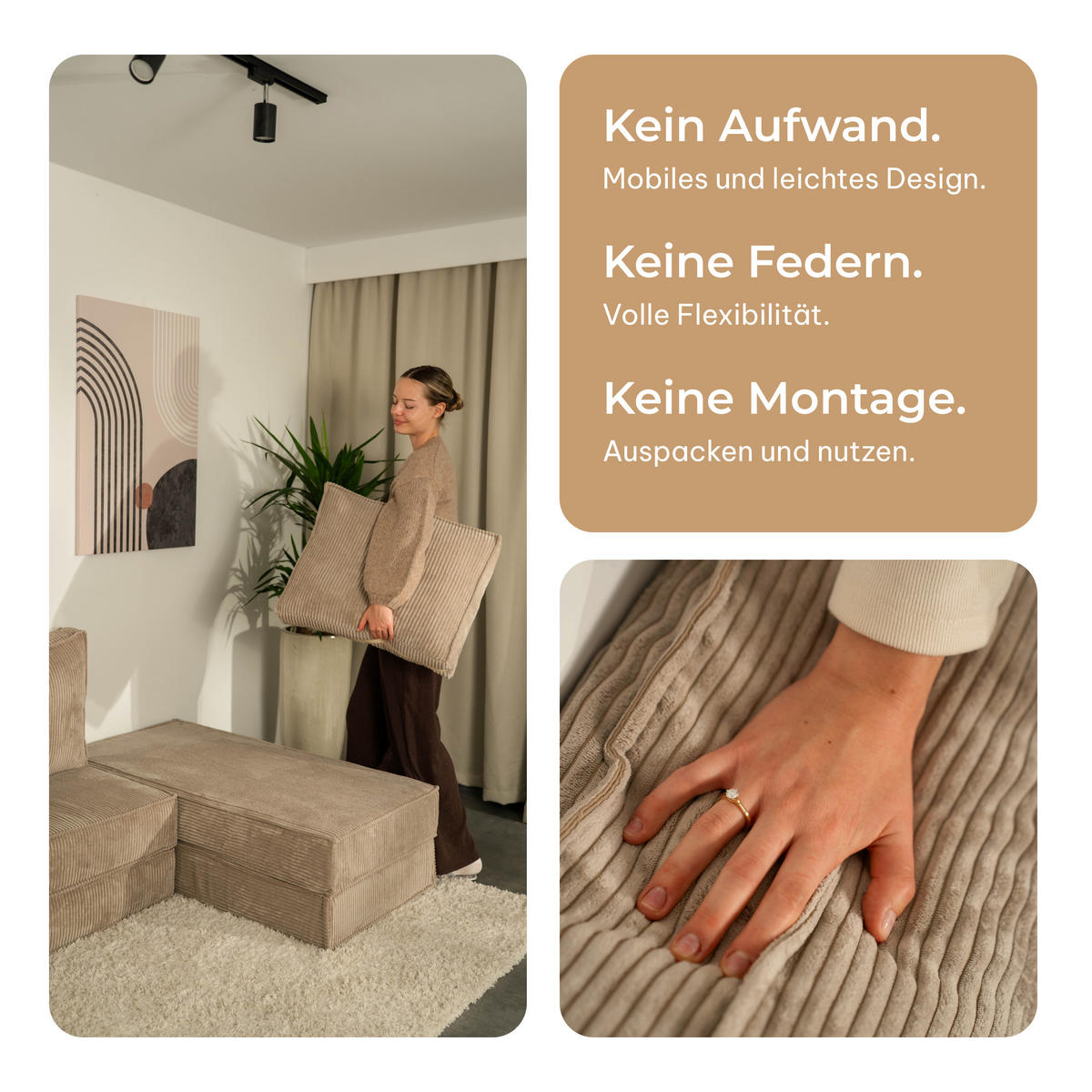 ECKSOFA NOTIA modulares Boneless Sofa mit Schlaffunktion Hellgrau Cordstoff - Hellgrau, Textil (200/120cm) - MASSENO
