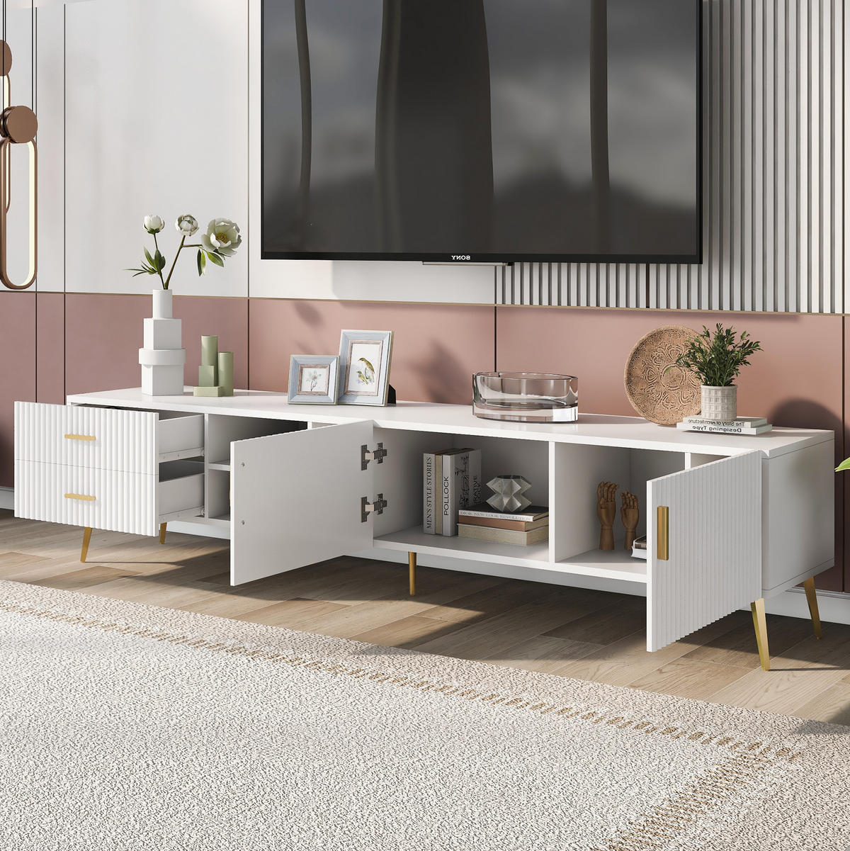 TV ormarić 180/35/41 cm bijeli od MDF-a s 2 ladice i 3 otvorena prostora za odlaganje - bijela, drvni materijal (180/44/35cm) - OKWISH