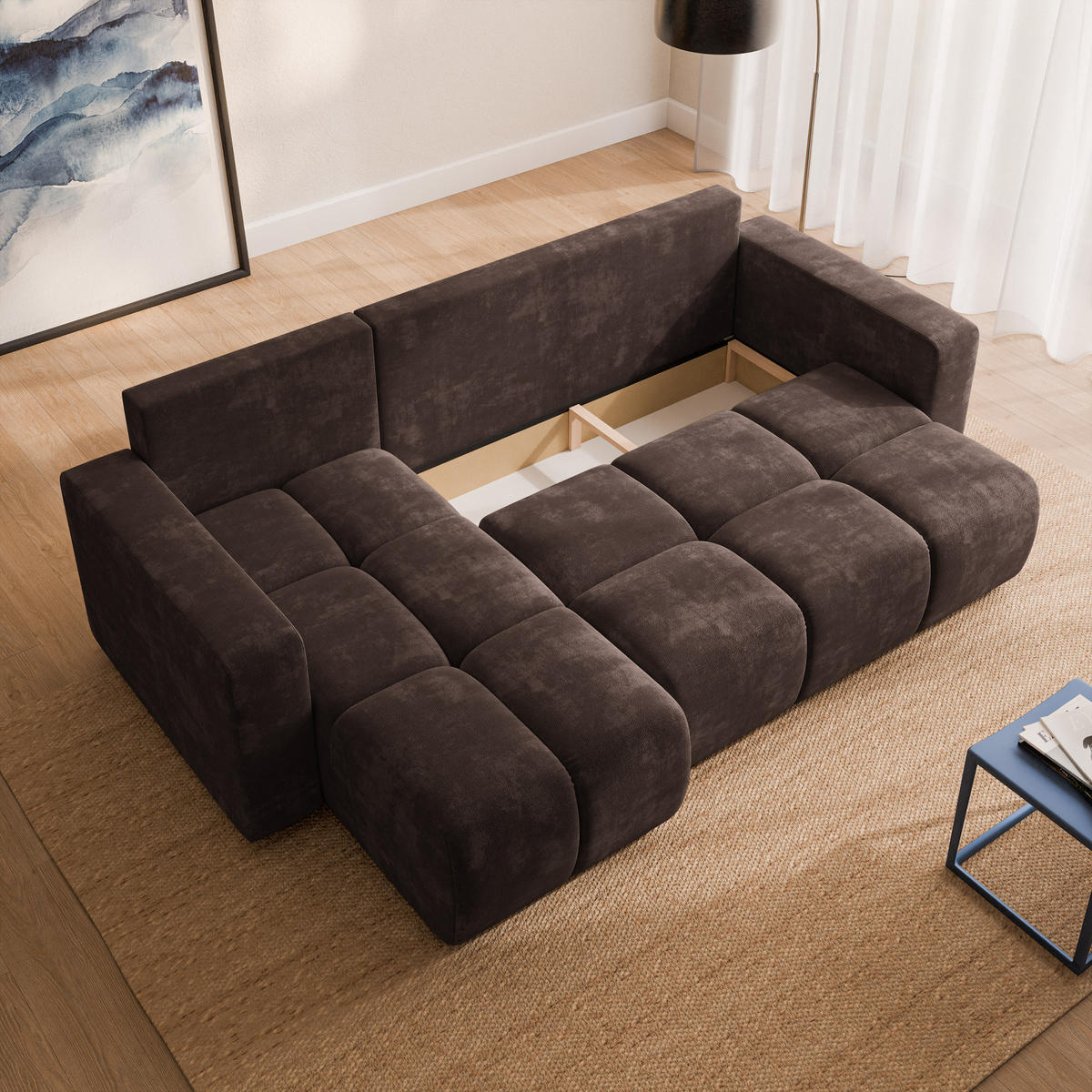 ECKSOFA RAMIL Braun Chenille mit Schlaffunktion - Braun, Holz (240/149cm) - MASSENO
