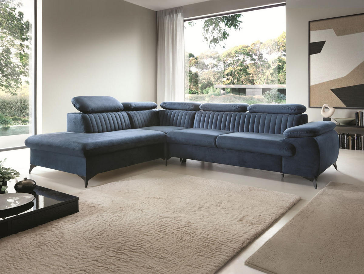 ECKSOFA FIORE Blau Velours-Stoff mit Schlaffunktion - Blau, Holz (275/221cm) - MASSENO