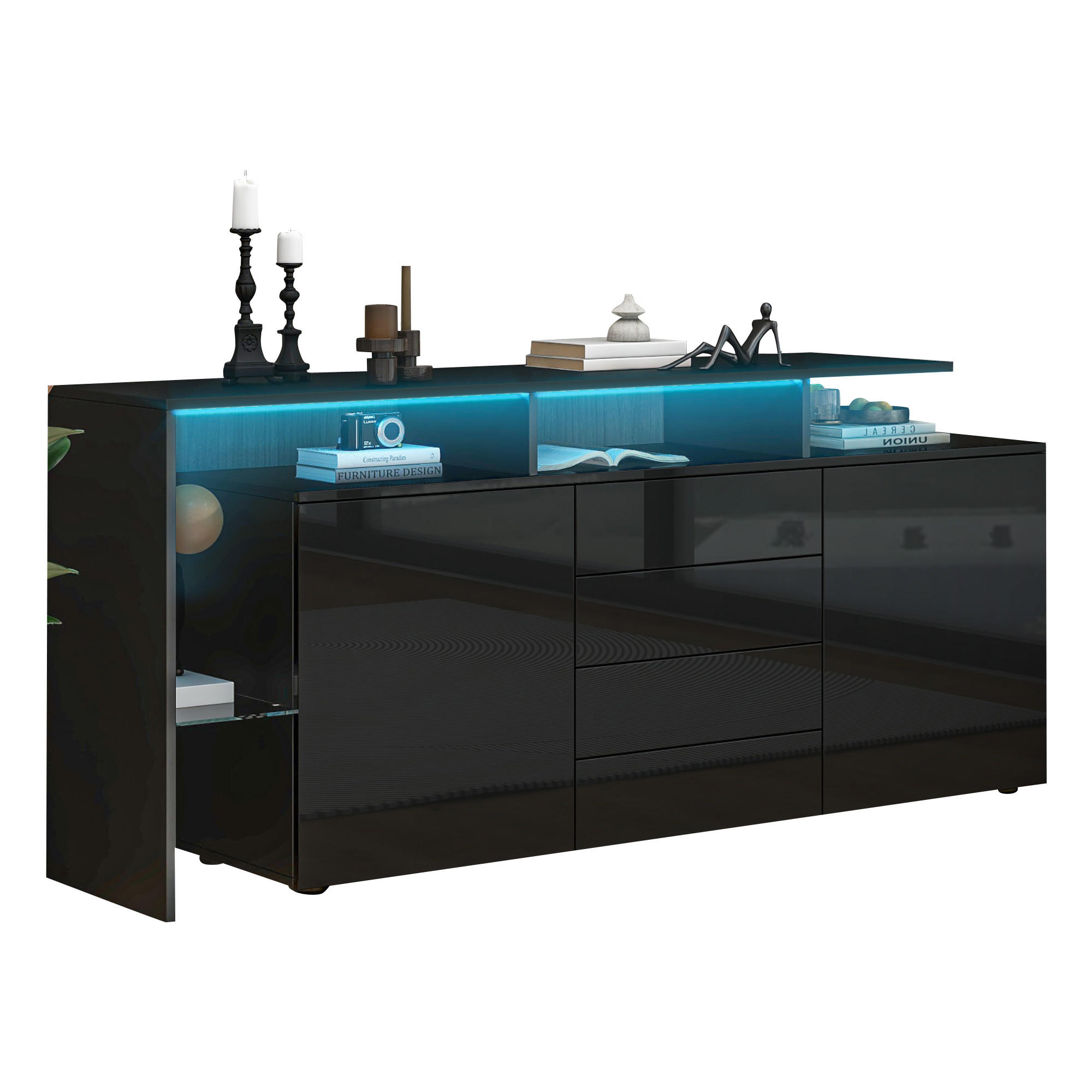 SIDEBOARD Schwarz, mit LED-Beleuchtung, 2 Türen, Schubladen und offenen Fächern, 160/35/70 cm - Schwarz, Holzwerkstoff (160/70/35cm) - WISHDOR