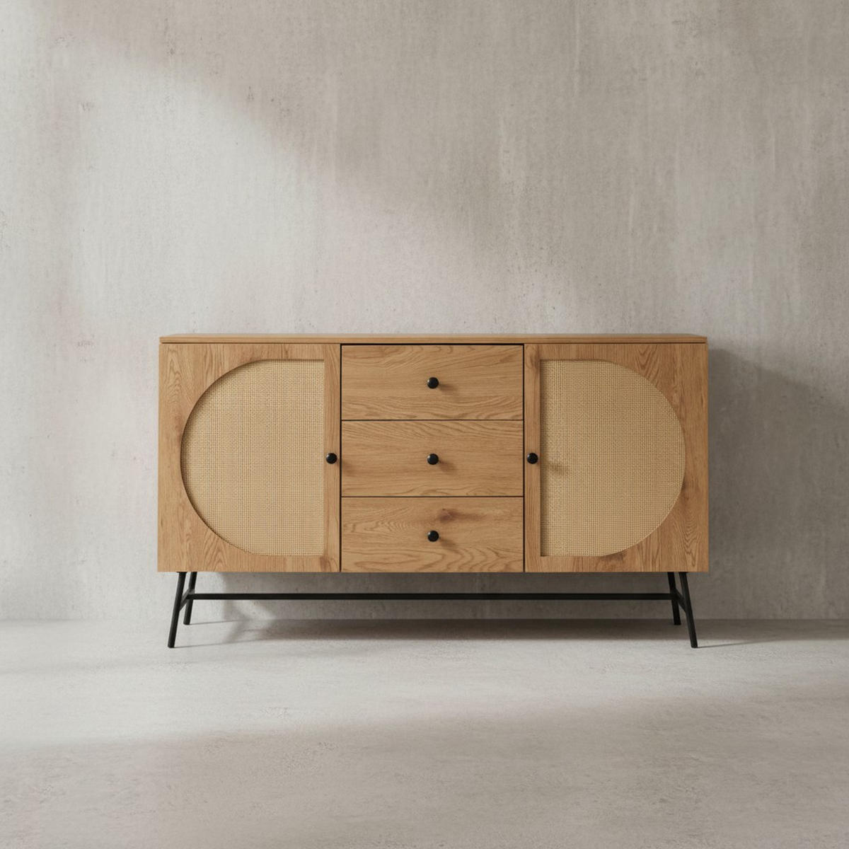 SIDEBOARD – Eiche-Dekor/Rattan, 140x80x40 cm, 2 Türen, 3 Schubladen, hoch - Schwarz/Braun, Holzwerkstoff/Metall (140/80/40cm) - KADIMA DESIGN