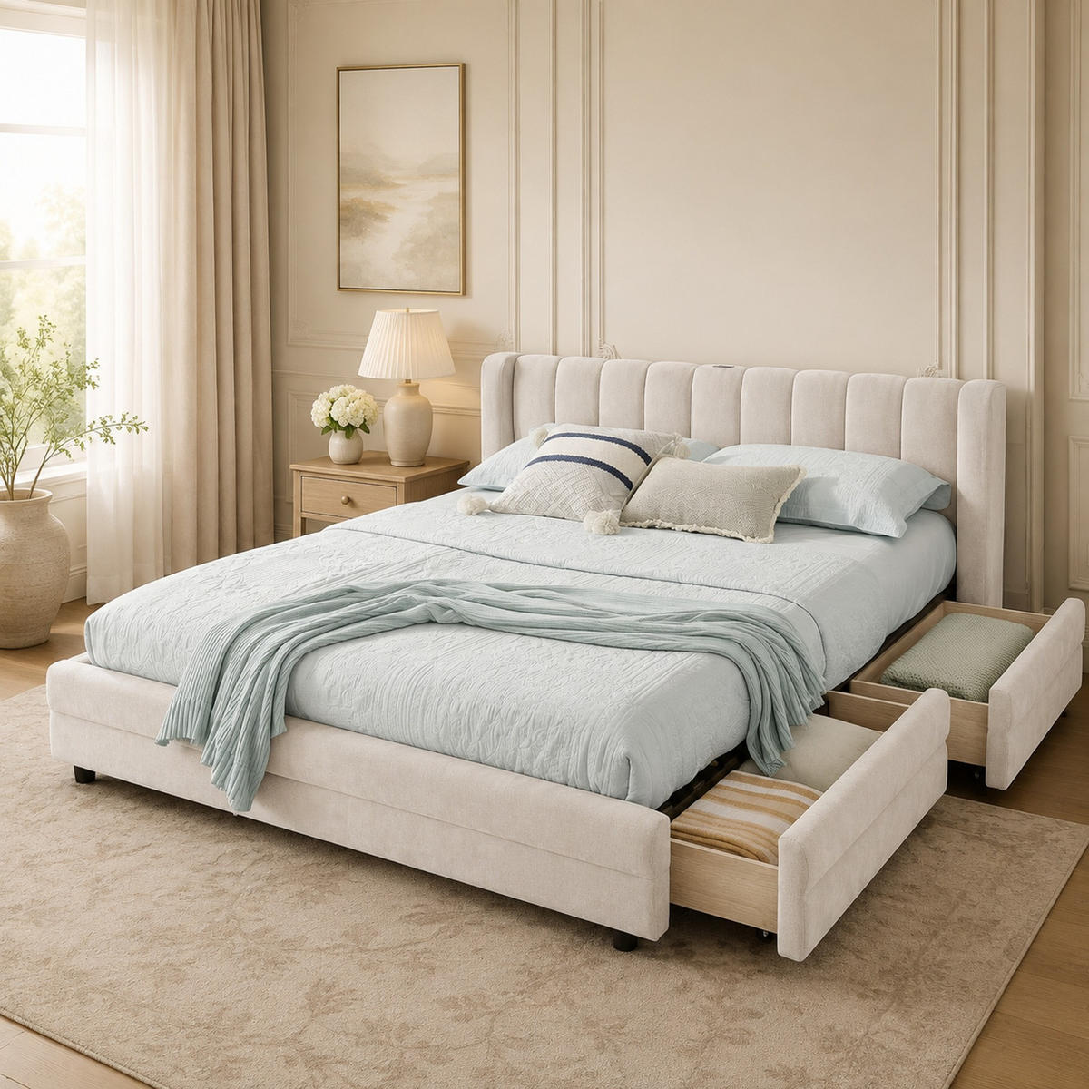 POLSTERBETT 140/200 cm in Beige mit 4 Schubladen, USB und Type-C Chenille - Beige, Holzwerkstoff/Textil (140/200cm) - CHICFURN