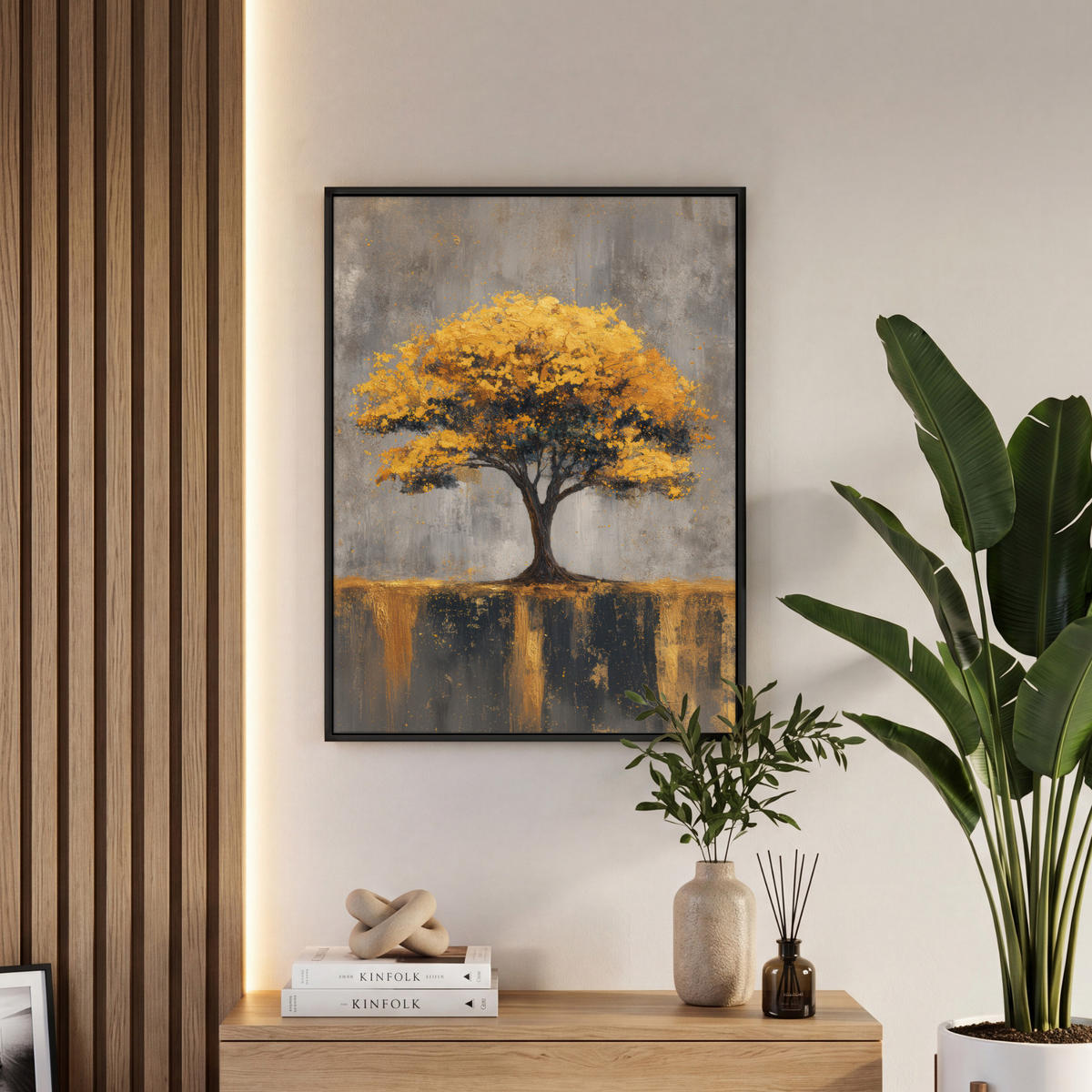 LEINWAND Bilder mit Rahmen - Baum - Blätter - Gold - Abstrakt - 60x80 - Grau, Textil (60/80cm) - MuchoWow