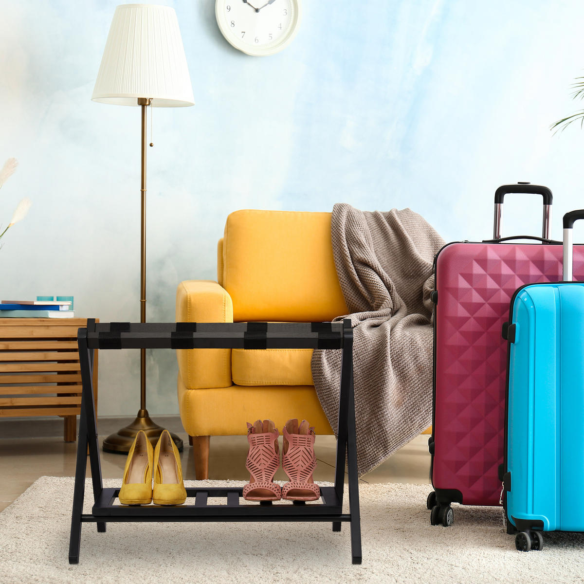 KOFFERSTÄNDER - Schwarz, Holz/Textil (66/54.5/44.5cm) - Relaxdays