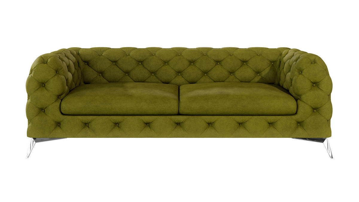 CHESTERFIELD-SOFA 3-Sitzer Laura Olive Samt - Silberfarben/Olivgrün, Holz/Textil (225/75/100cm) - S-Style Möbel